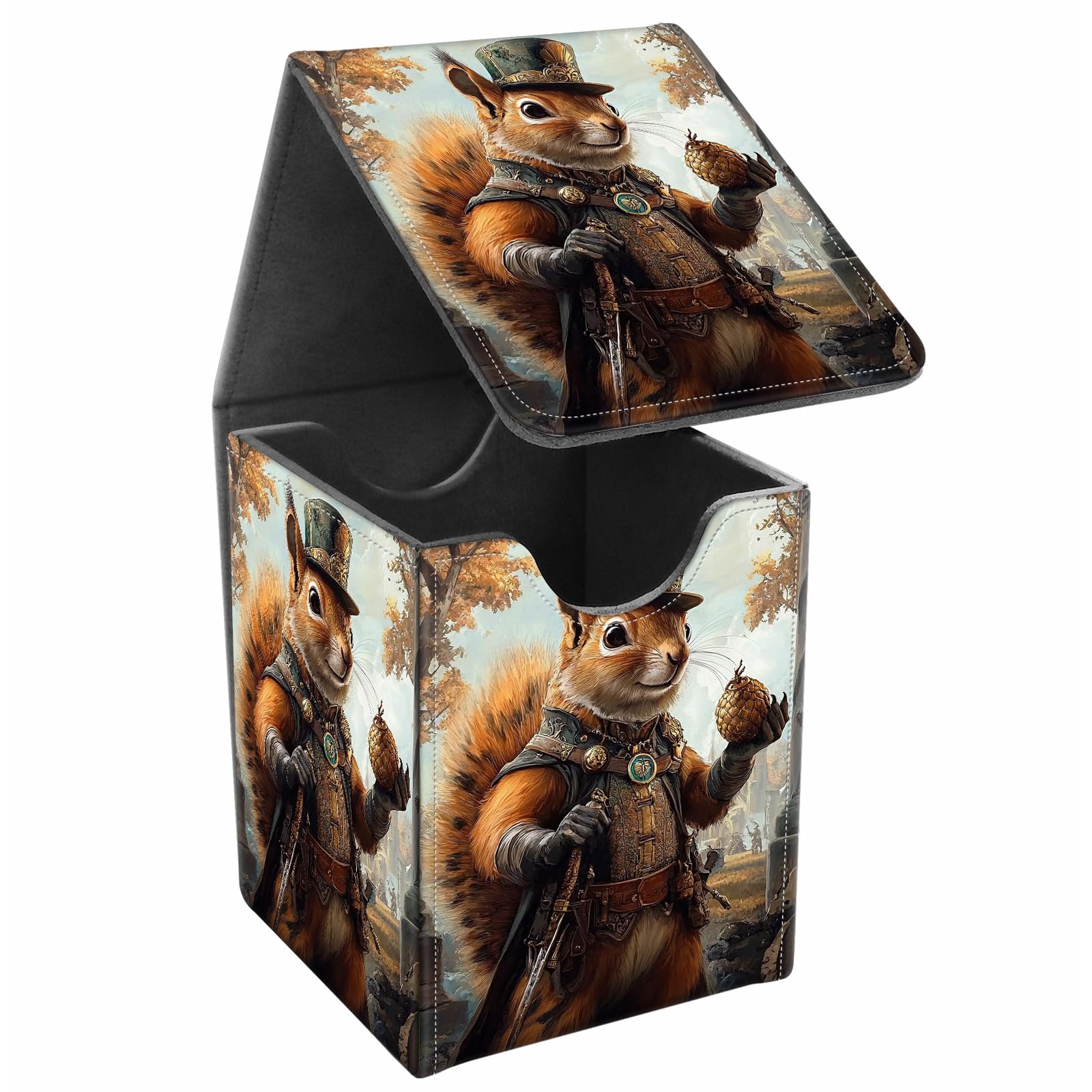 JANENFNA Card Deck Box, Card Storage Box Fits 100+ Single Sleeved Cards, Large Capacity PU Leather Card Storage Box with Strong Magnet for Magic Commander TCG/CCG, Squirrel Explorer