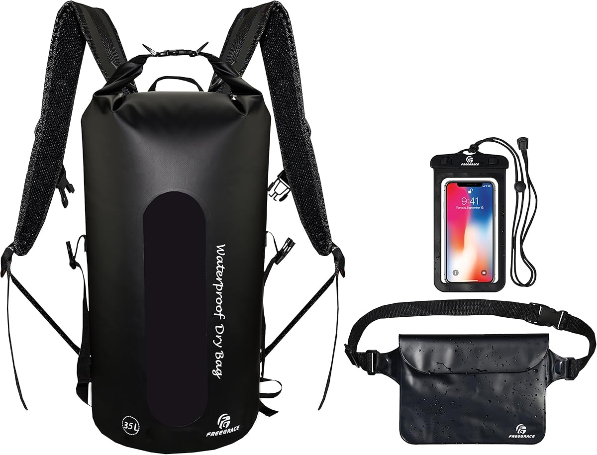 Freegrace Waterproof Dry Bag Set of 3 - Submersible Dry Sack with Double Zip Lock Seals - Includes Waist Pouch & Phone Case - Perfect for Kayaking, Swimming, Boating & Rafting (Window, Black, 35L)