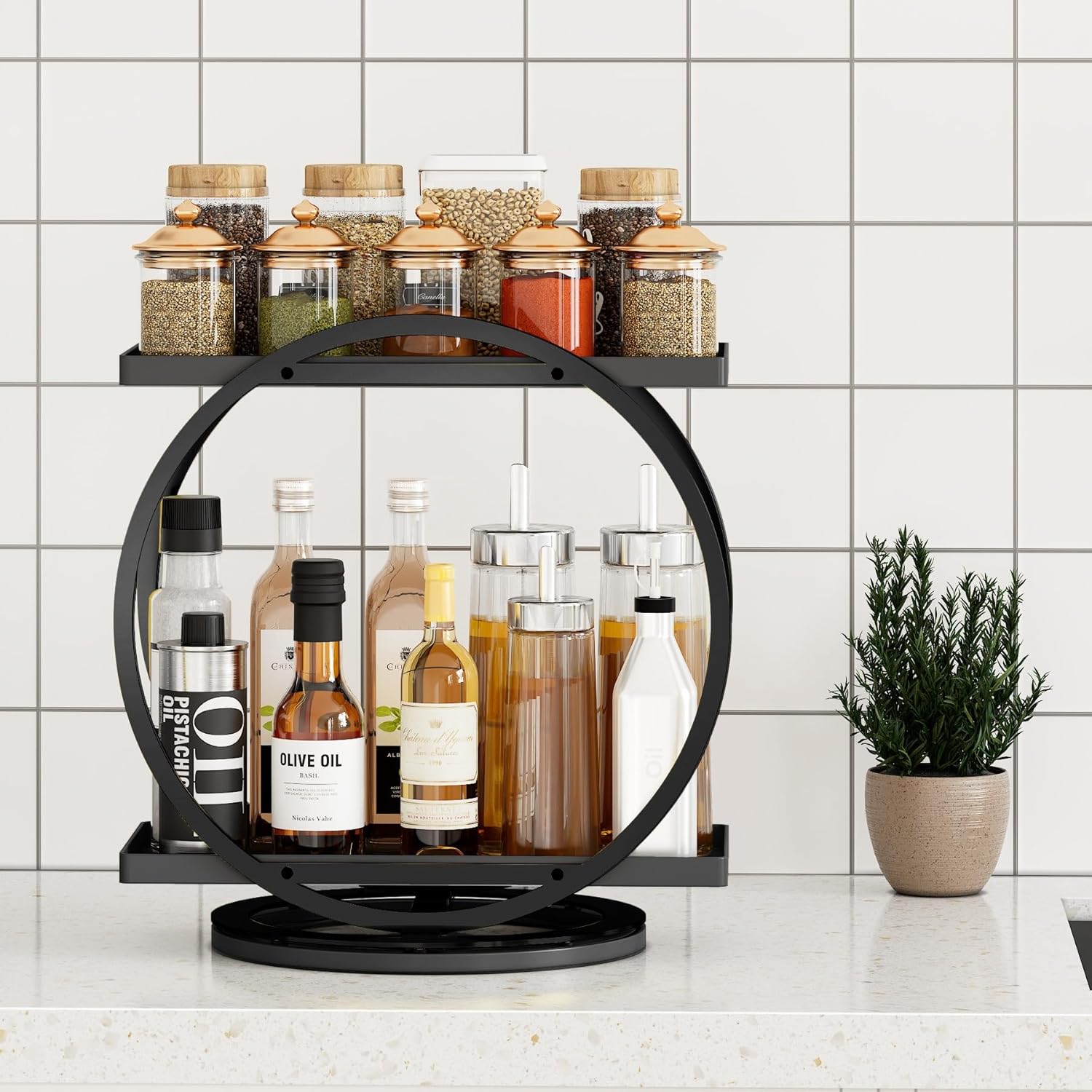 2 Tier Perfume Organizer for Dresser 360 Rotating, Large Capacity Bathroom Counter Organizer Cosmetic Skincare Storage Countertop Holder for Bedroom Kitchen(Black-Black)