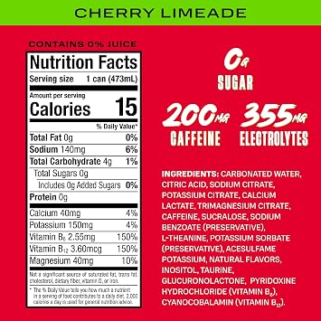 PRIME Energy CHERRY LIMEADE, Sugar Free Energy Drink, 200mg Caffeine and 355mg of Electrolytes for Hydration, Low Calorie, Vegan, Gluten Free, 16 Fluid Ounce Can