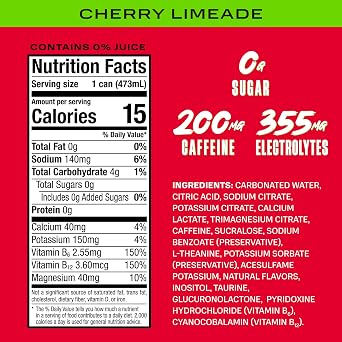PRIME Energy CHERRY LIMEADE, Zero Sugar Energy Drink, 200mg Caffeine and 355mg of Electrolytes for Hydration, Vegan, Gluten Free,16 Fluid Ounce, 12 Pack