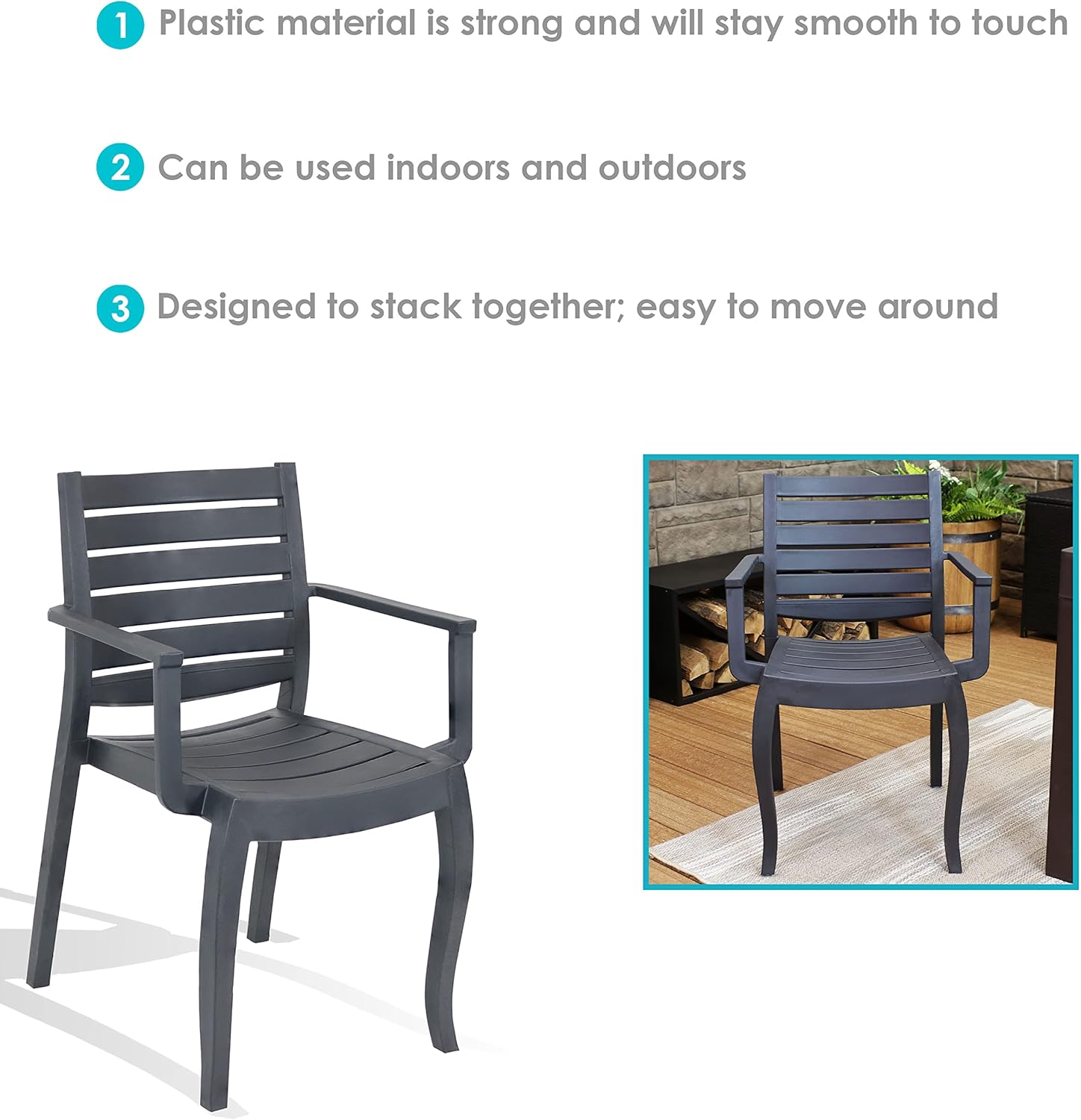Sunnydaze Illias Plastic Outdoor Patio Arm Chair - Set of 2 - Stackable Seating - Gray