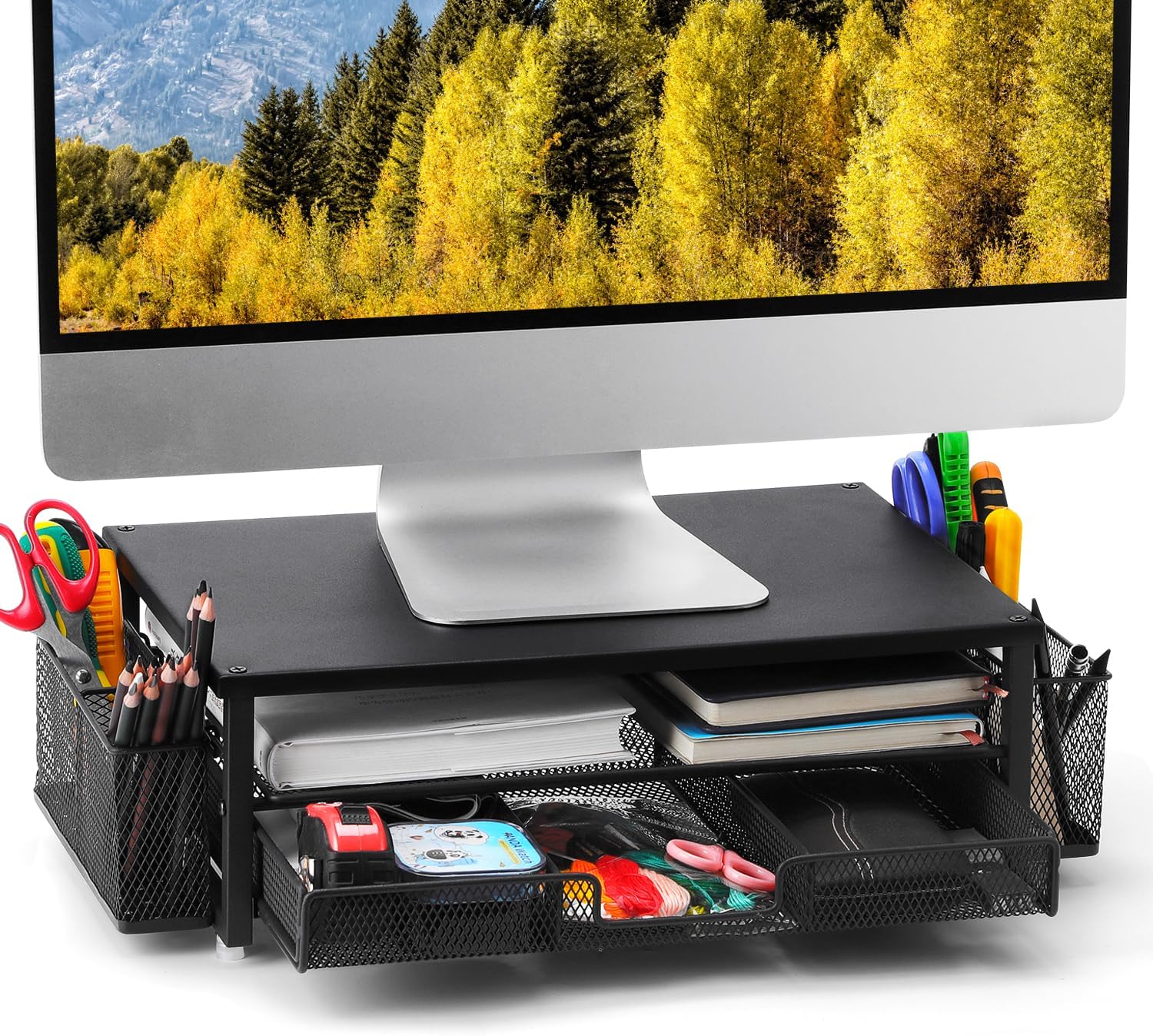 2-Tier Monitor Stand with Drawer, Laptop Stand with Storage for Desk, Heavy Duty Iron Computer Stand Riser & Desk Organizer with Drawers, Home Office Mesh Shelf for Monitor up to 32 Inch (Black)
