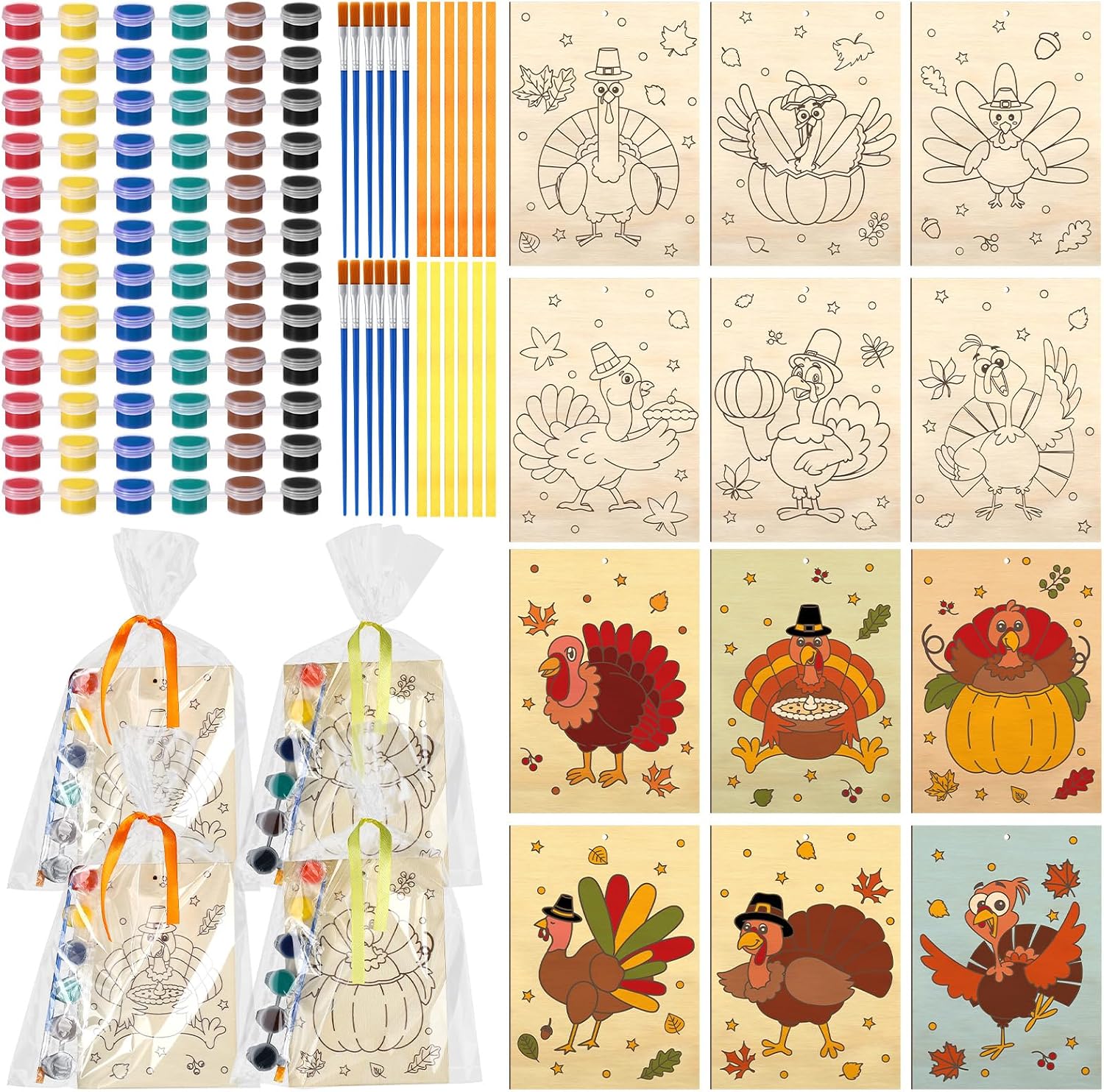 Soulchen 12 Set Turkey Painting Craft Wooden Cards with Paint and Brushes