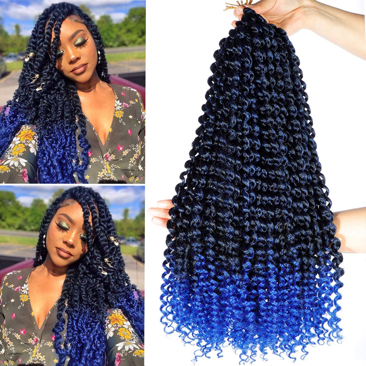 Ms Aloe 6Packs Passion Twist Hair Blue Ombre Water Wave Crochet Hair for Butterfly Bob Locs 18inch Pre-Looped Long Bohemian Curly Synthetic Braiding Hair Extensions 22Strands/Pack(TBlue#,480g/Lot)