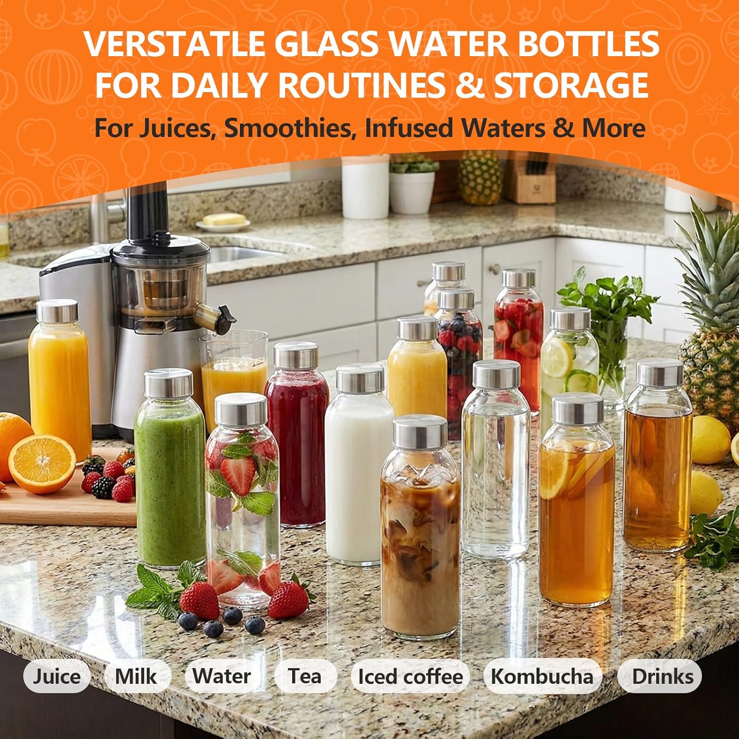 16 oz Glass Water Bottles with Lid & Straw, 12 Pack Reusable Glass Juice Bottles with Stainless Steel Caps & Funnel, Leak-Proof Clear Drinking Containers for Juicing, Milk, Smoothies, BPA-Free
