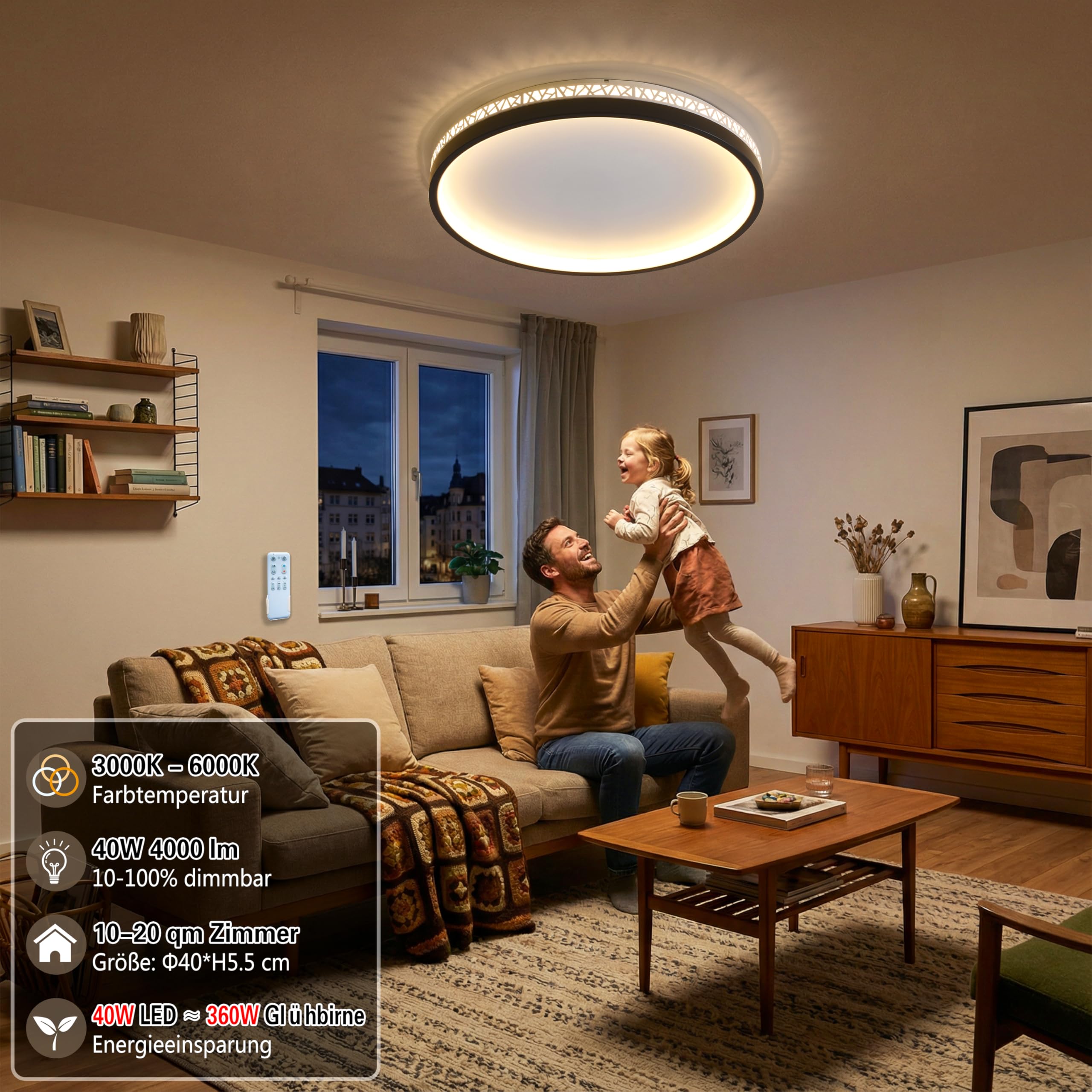 LED Deckenleuchte dimmbar mit Fernbedienung, 40W 40cm rund schwarz Aushöhlen Design „Vogelnest“ Deckenlampe Wohnzimmer, 4000lm 3000K-6000K, Schlafzimmerlampe mit Memory-Funktion, 4W Nachtlicht