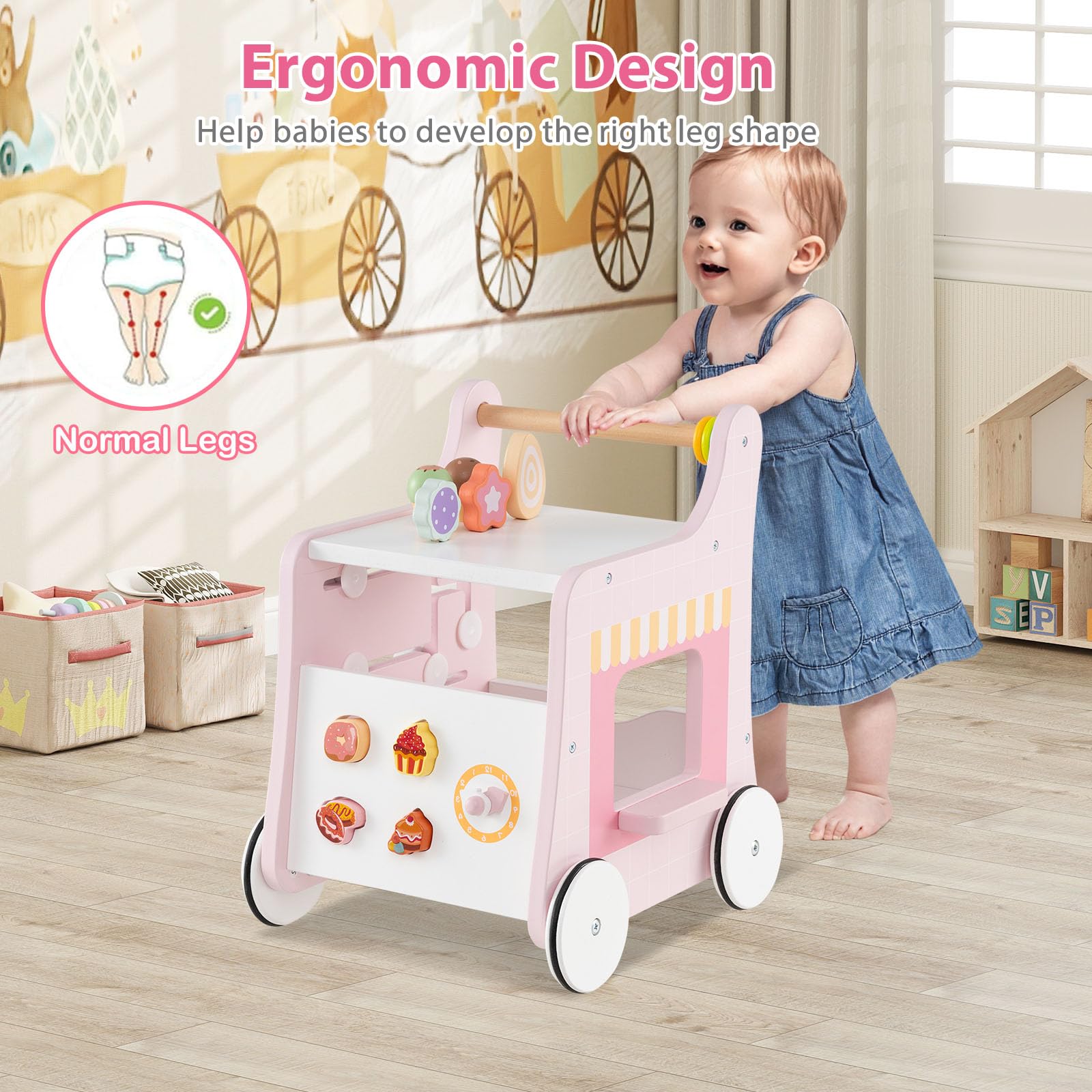 LIFEZEAL Girello per Bambini 1+Anni in Legno, Giochi di Ruolo Gelateria, Carrello Primi Passi Montessori, Baby Walker per Imparare a Camminare, Giocattoli, Ruote Antiscivolo, Portaoggetti, Maniglia