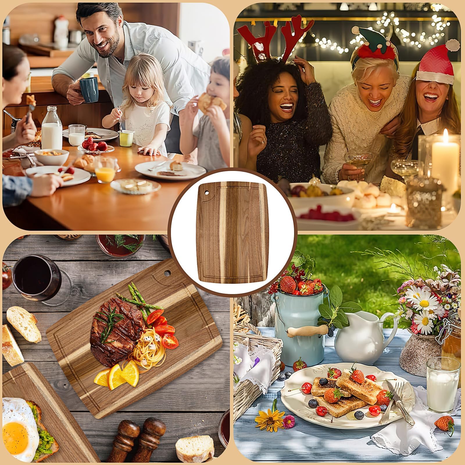 Lot de 6 Planches à Découper en Bois d’Acacia Naturel 35 x 25 cm – Planche de Cuisine Réversible avec Rigole à Jus, Solide et Polyvalente pour Viande, Fromage, Légumes et Pain