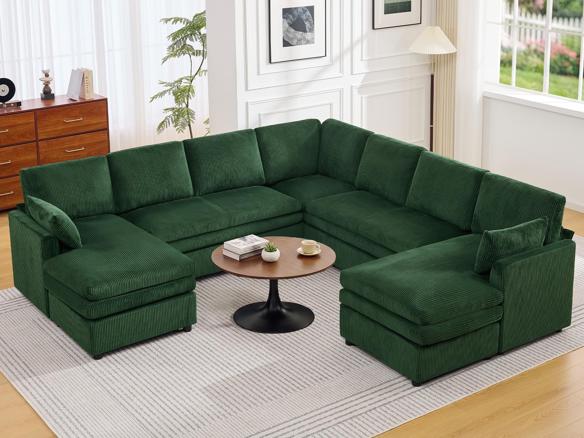 110" Sectional Couches with Double Chaises, Comfy Deep Dual-Layer Cushion Couch, 9 Seater Oversize Couch, Modern Modular Sofa, Corduroy Sofas for Living Room, Apartment, Green