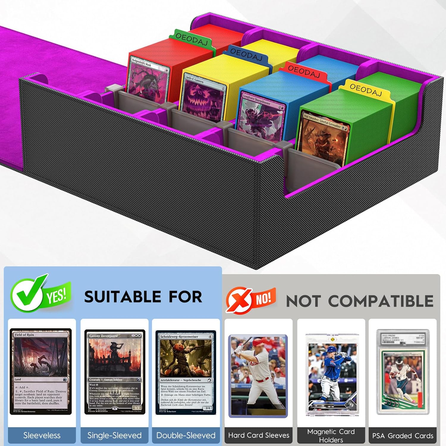 Trading Card Storage Box, 3200+ MTG Card Storage, 4 Row TCG Card Organizer Box with 24 Colorful Dividers and 4 Stands, PKM Bulk Storage, Deck Case Holder Fits for YuGiOh, Game Cards (Black Purple)