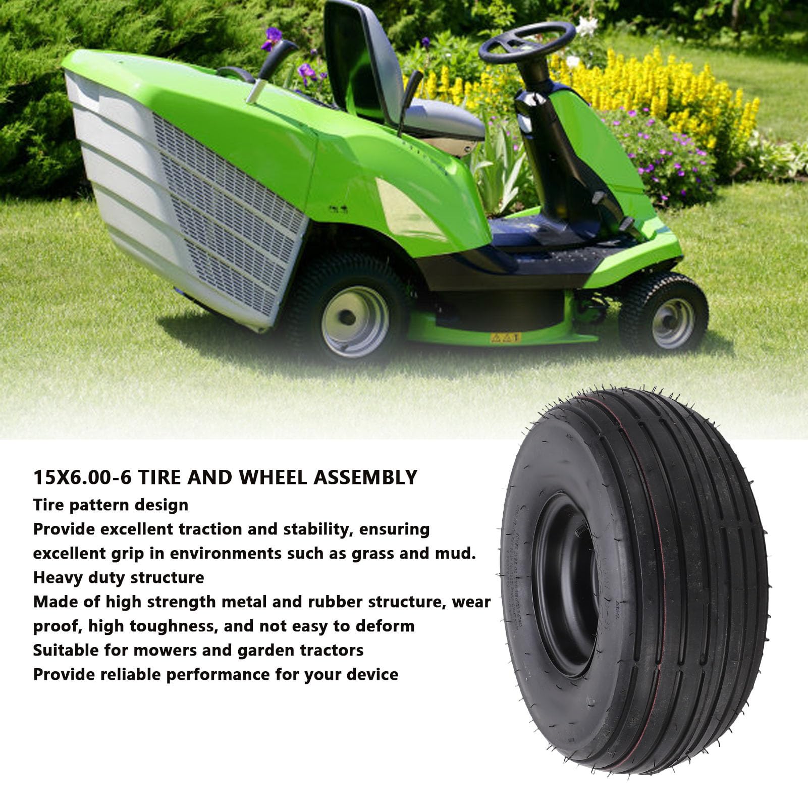 Conjunto de Llanta y Rueda de 15x6.00 6, Llanta para Cortacésped de Caucho Metálico Resistente con Cubo Centrado de 3 Pulgadas y Bujes de 3/4 de Pulgada, para Tractor de Jardín
