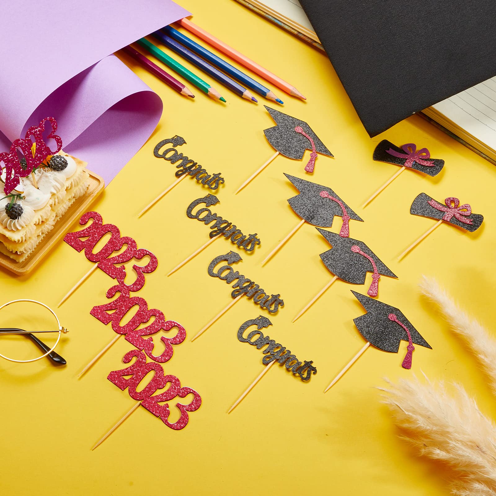 100 Pack 2023 Graduation Cupcake Toppers Grad Cap Food Appetizer Picks Cake Graduation Party Decorations Diploma Cupcake Picks for Cake Class of 2023 Graduation Party Supplies (Dark Pink)