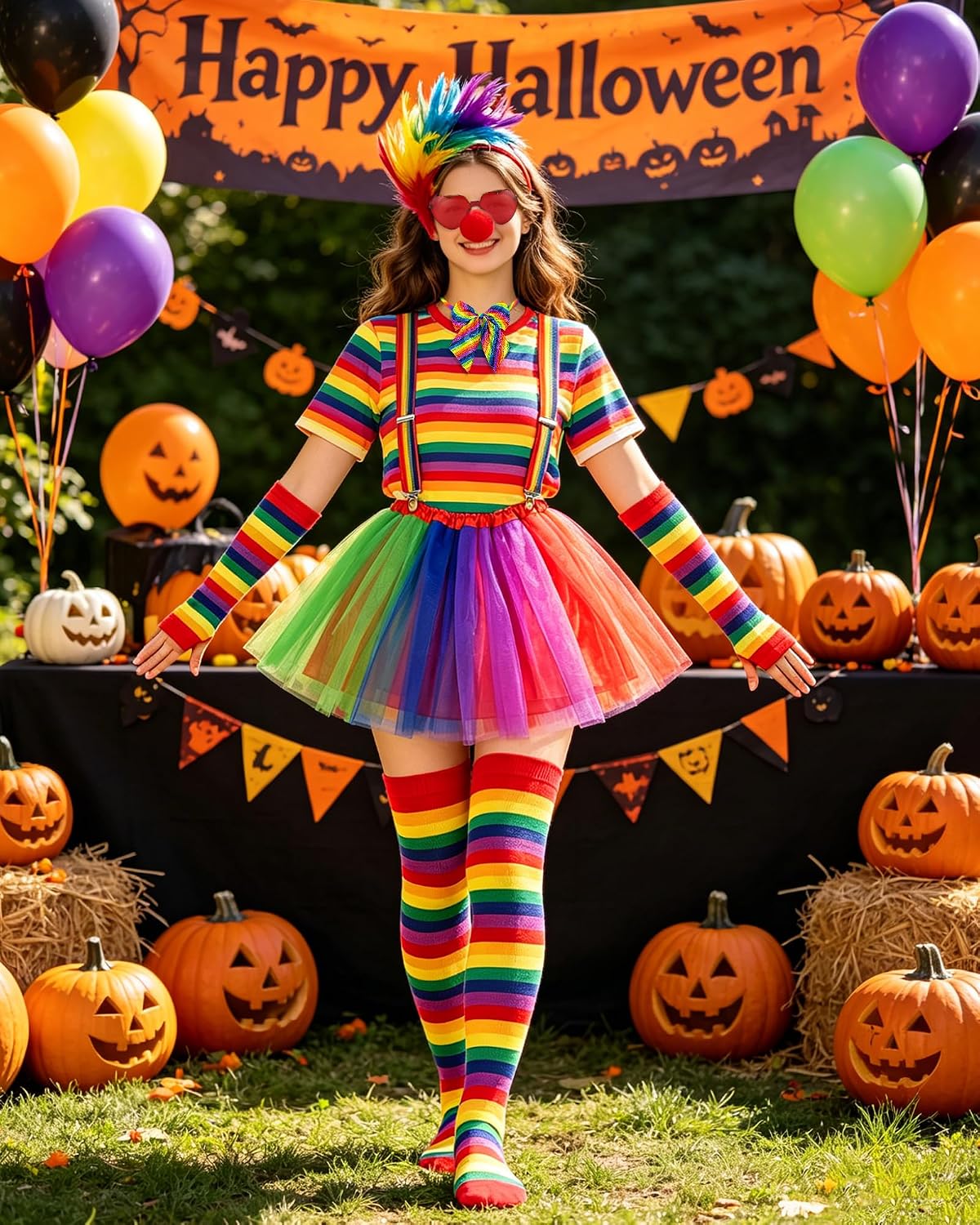 Hikkcos 8 Pcs Clown Costume Set, Carnival Outfit with Heart Glasses & Lined Rainbow Skirt for Women, Complete Circus Jester Dress Up Kit with Feather Headband & Suspenders