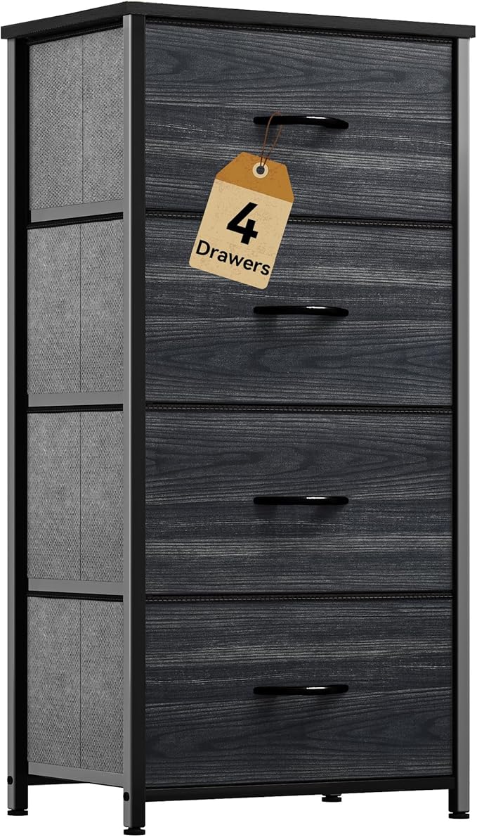 DWVO 4 Drawers Dresser, Dresser for Bedroom, Fabric Storage Tower, Chest of Drawers, Organizer Unit for Closets, Living Room, Sturdy Steel Frame, Wooden Top, Easy Pull Fabric Bins, Black Wood Grain