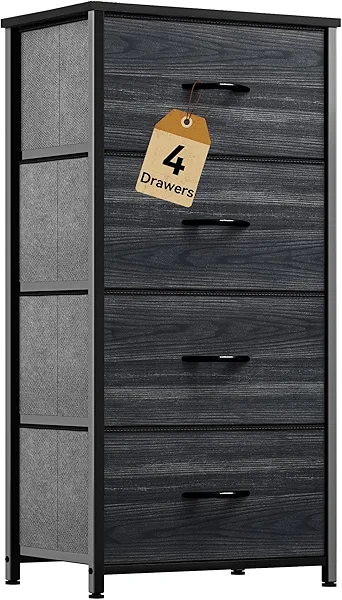 DWVO 4 Drawers Dresser, Dresser for Bedroom, Fabric Storage Tower, Chest of Drawers, Organizer Unit for Closets, Living Room, Sturdy Steel Frame, Wooden Top, Easy Pull Fabric Bins