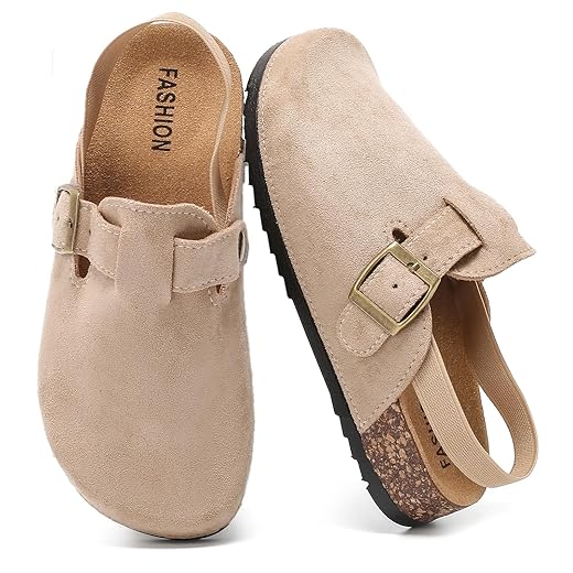 Kids Suede Clogs with Back Strap, Cork Footbed Clogs with Comfort Memory Foam Insole Arch Support Non-Slip Mules Slippers Sandals for Boys Girls Toddlers