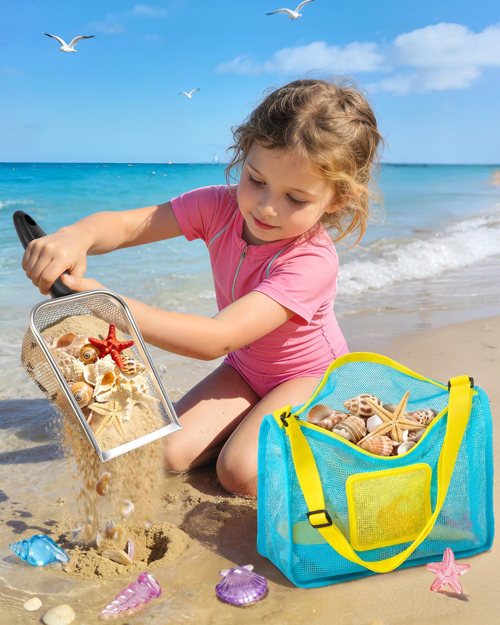 DISHIO - Zabawki plażowe dla dzieci, 25 sztuk, metalowa dźwignia piasku i składane wiadro plażowe, łopata do piasku ze stali nierdzewnej, zestaw do budowy zamku piasku z siatkową torbą