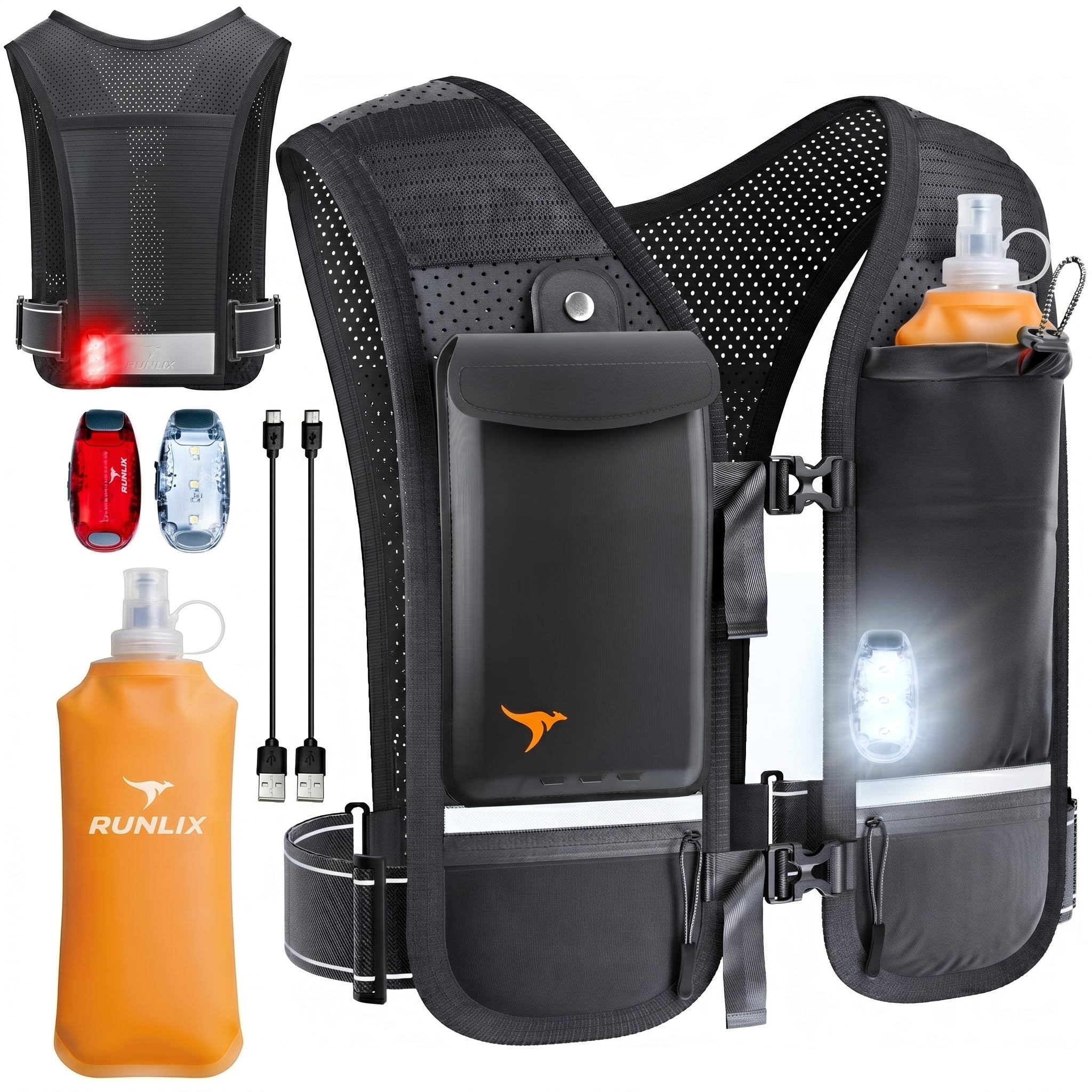 Laufweste für Damen und Herren – reflektierende Laufweste mit 500 ml weicher Wasserflasche, Handyhalter, 2 LED-Lichter, wiederaufladbar über USB – 7 Taschen, Läufer, Rucksack, Trail-Jogging