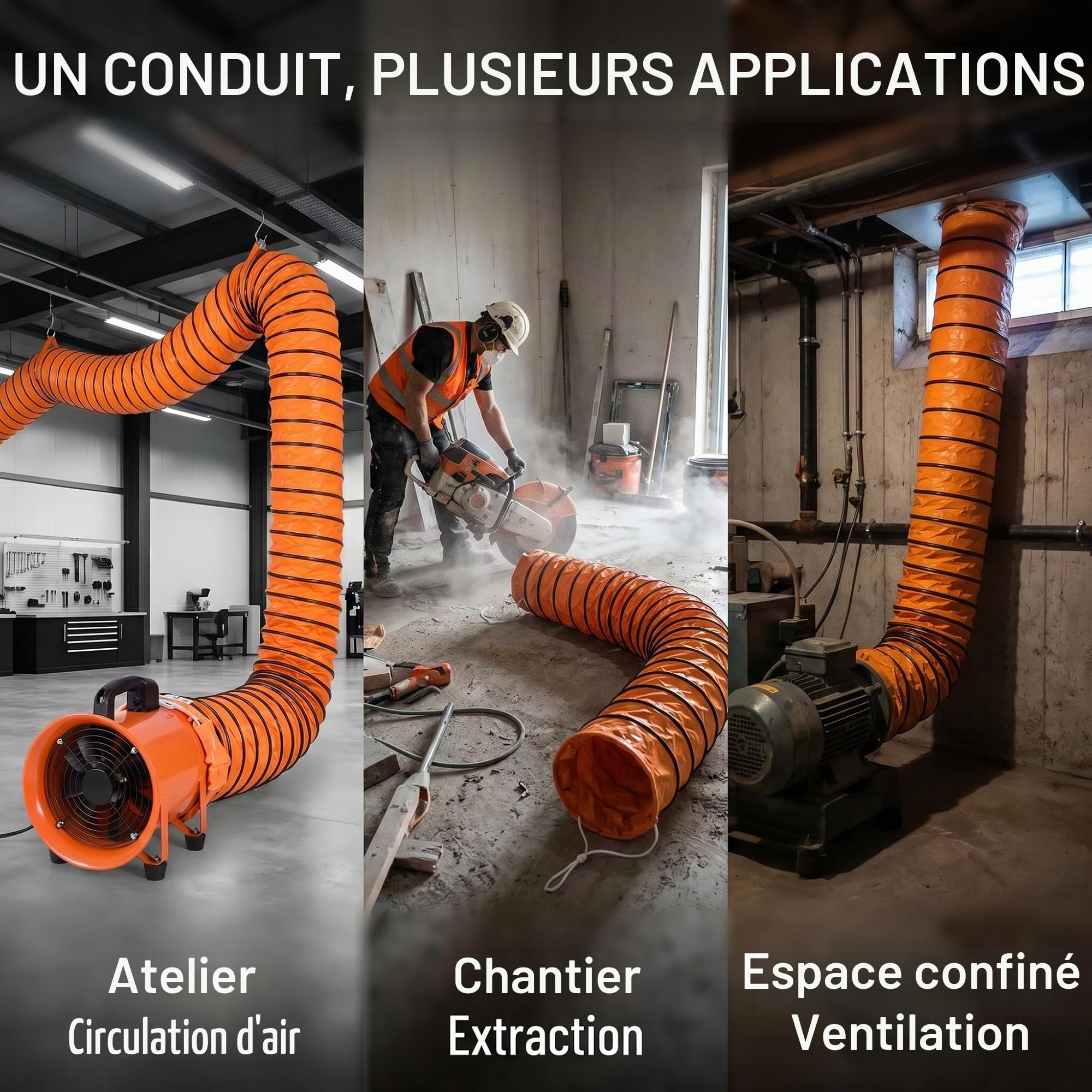 bimiti Tuyau d'air chaud en PVC - Flexible - Diamètre : 300 mm - Longueur : 5 m - Avec anneau en D et crochets - Pour ventilateur de chantier