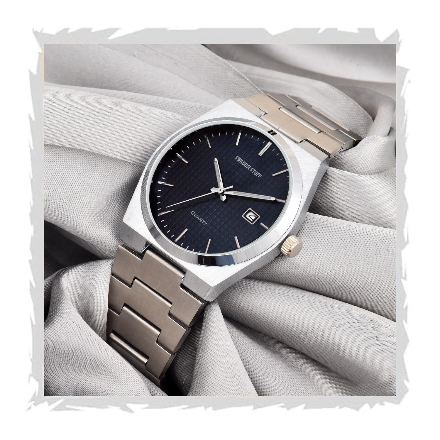 Stainless Steel Date Display Mens Wrist Analogue Watch (Blue), Dial-Color:Multicolour, Band Color:Silver