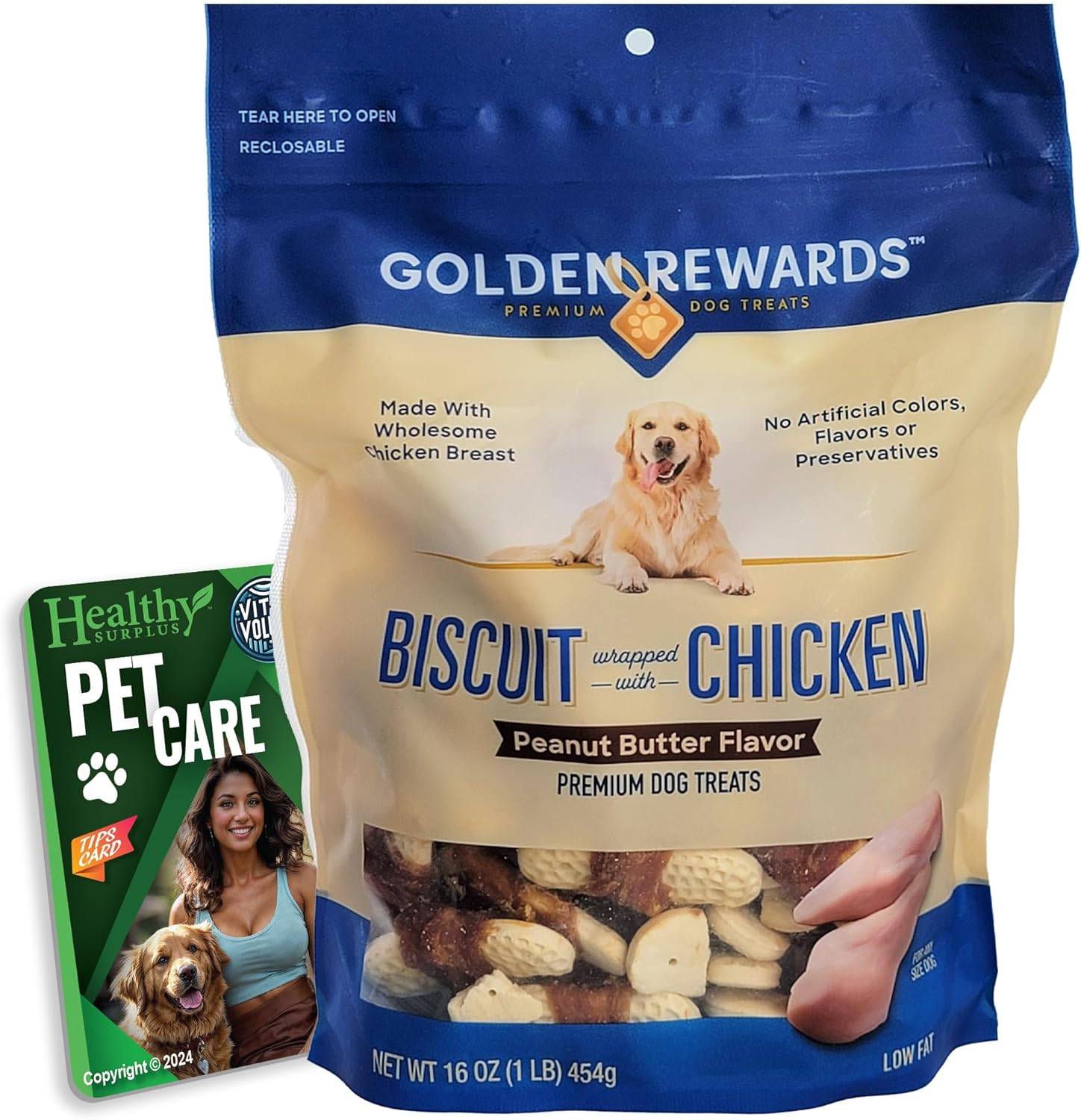 Healthy Surplus Golden Rewards Peanut Butter Flavored Dog Bisucits Wrapped in Real Chicken 16 Oz and Vital Volumes Dog Care Card