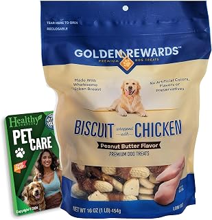 Healthy Surplus Golden Rewards Peanut Butter Flavored Dog Bisucits Wrapped in Real Chicken 16 Oz and Vital Volumes Dog Care Card Bundle