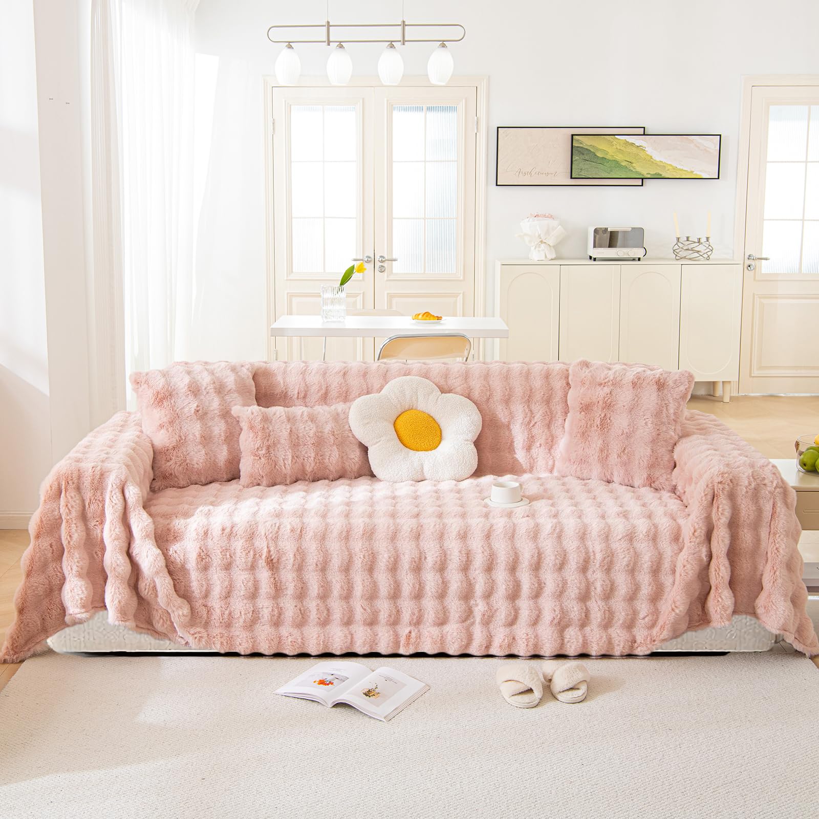 LiveGo Thick Plush Wool Sofa Cover for 3 Seater, Soft Fuzzy Faux Rabbit Fur Non-Slip Slipcover, All-Season Washable Couch Protector for Dogs, L Shaped Sofa Cover (Plush Pink, 180 x 380 cm) — image 1