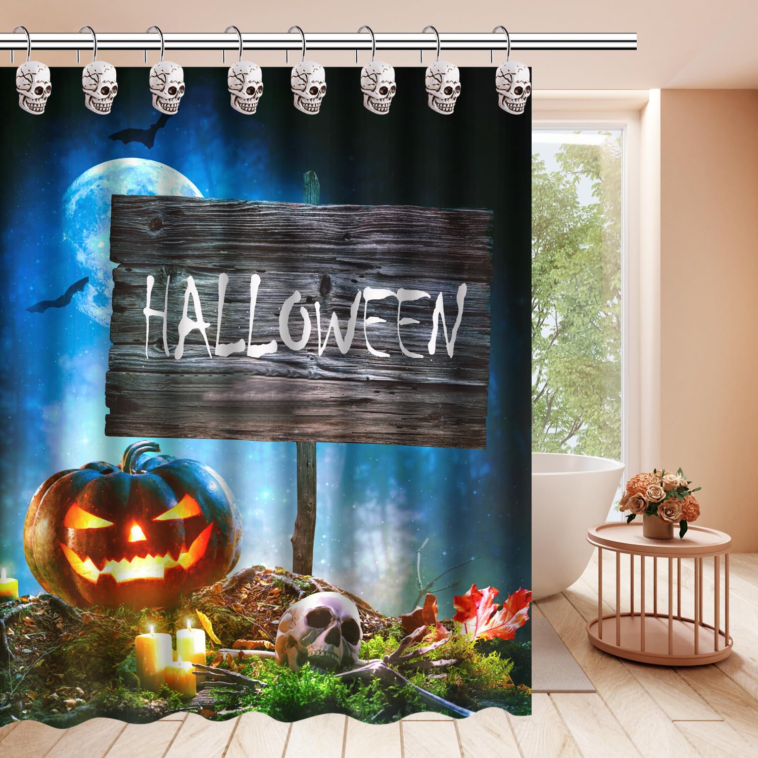 12 Pcs Skull Shower Curtain Hooks Halloween Shower Rings Decorative Skeleton Curtain Hook Rings Stainless Steel Bathroom Hooks with Skull Decor for Home Halloween