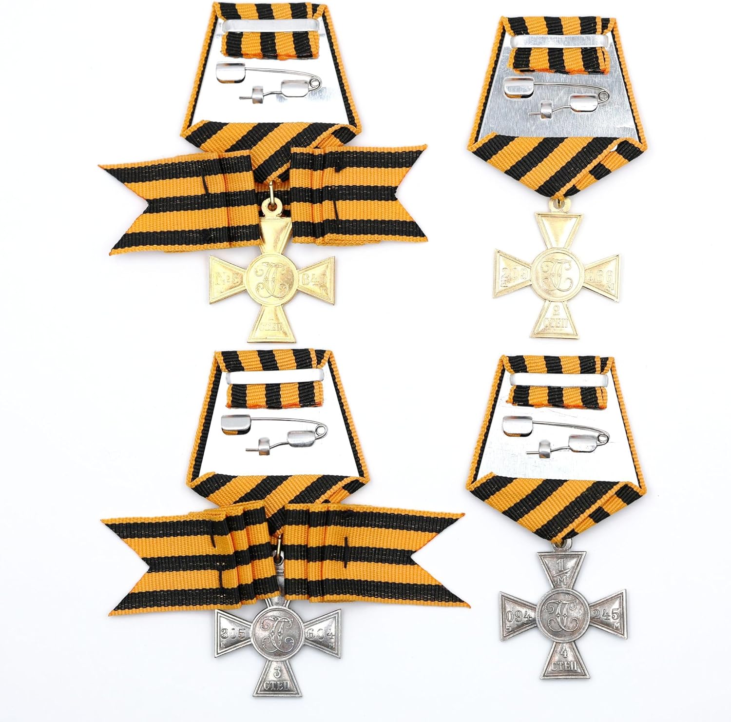 Imperial Russian St. George Cross Set (1st–4th Class) Replica w/Ribbon – 4pc Reproduction Medal Set, Gold/Silver Tone Pin-Back, “1–4 степ.” Markings Collectible Display