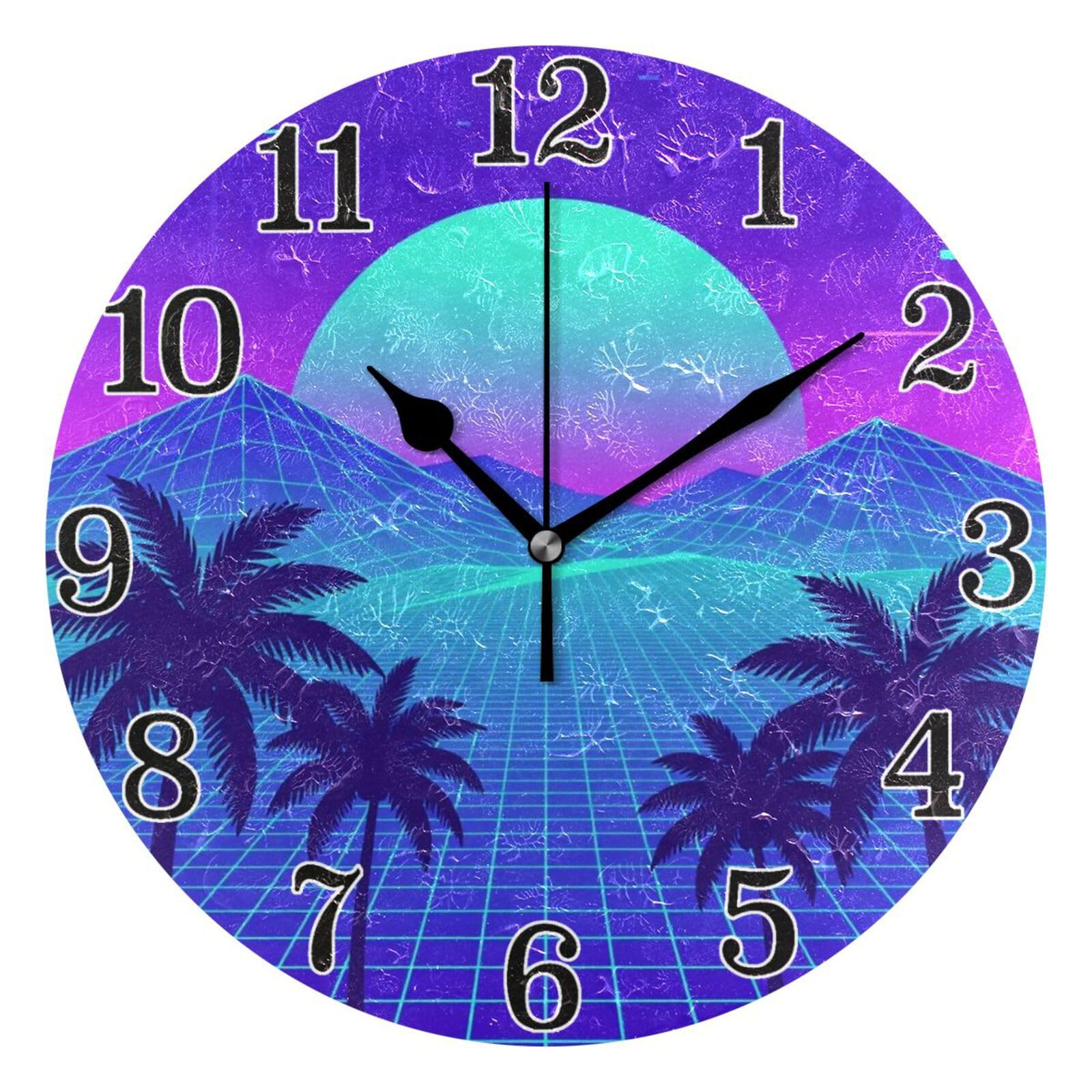 Horloge murale ronde rétro Vaporwave pour décoration salon moderne et silencieuse