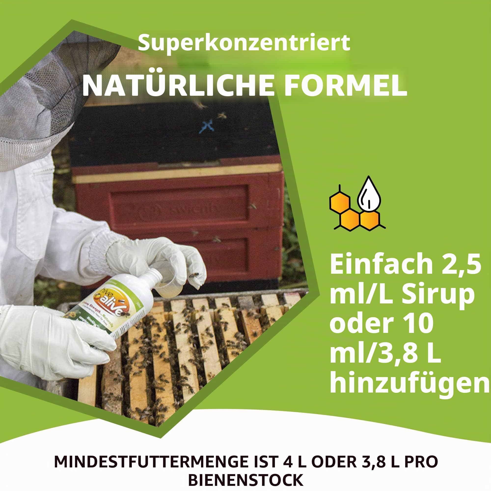 HIVE ALIVE Bienenfutter Zusatz - Bienenfutter Flüssig - Imker Zubehör - Herbst-Frühjahr - Senkt Wintersterblichkeit für Gesundheit Population & Honigproduktion - 500ml 50 Bienenstöcke