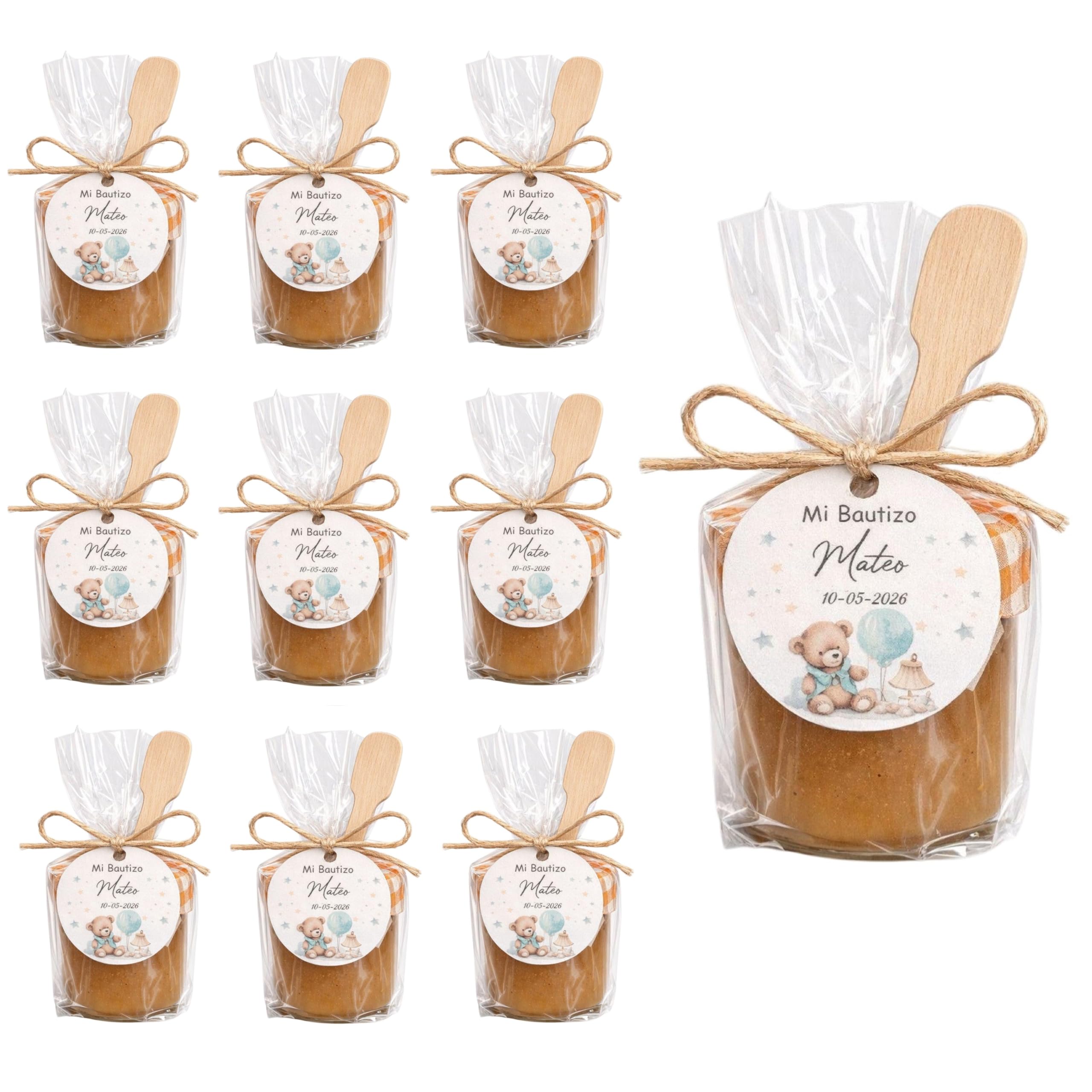 Mini Mermeladas Caseras Personalizadas - Pack 20 Unidades - Detalles para Bodas, Comuniones y Bautizos - 40g, Sabores Surtidos - Sin Gluten - con Cucharita - Producto de España