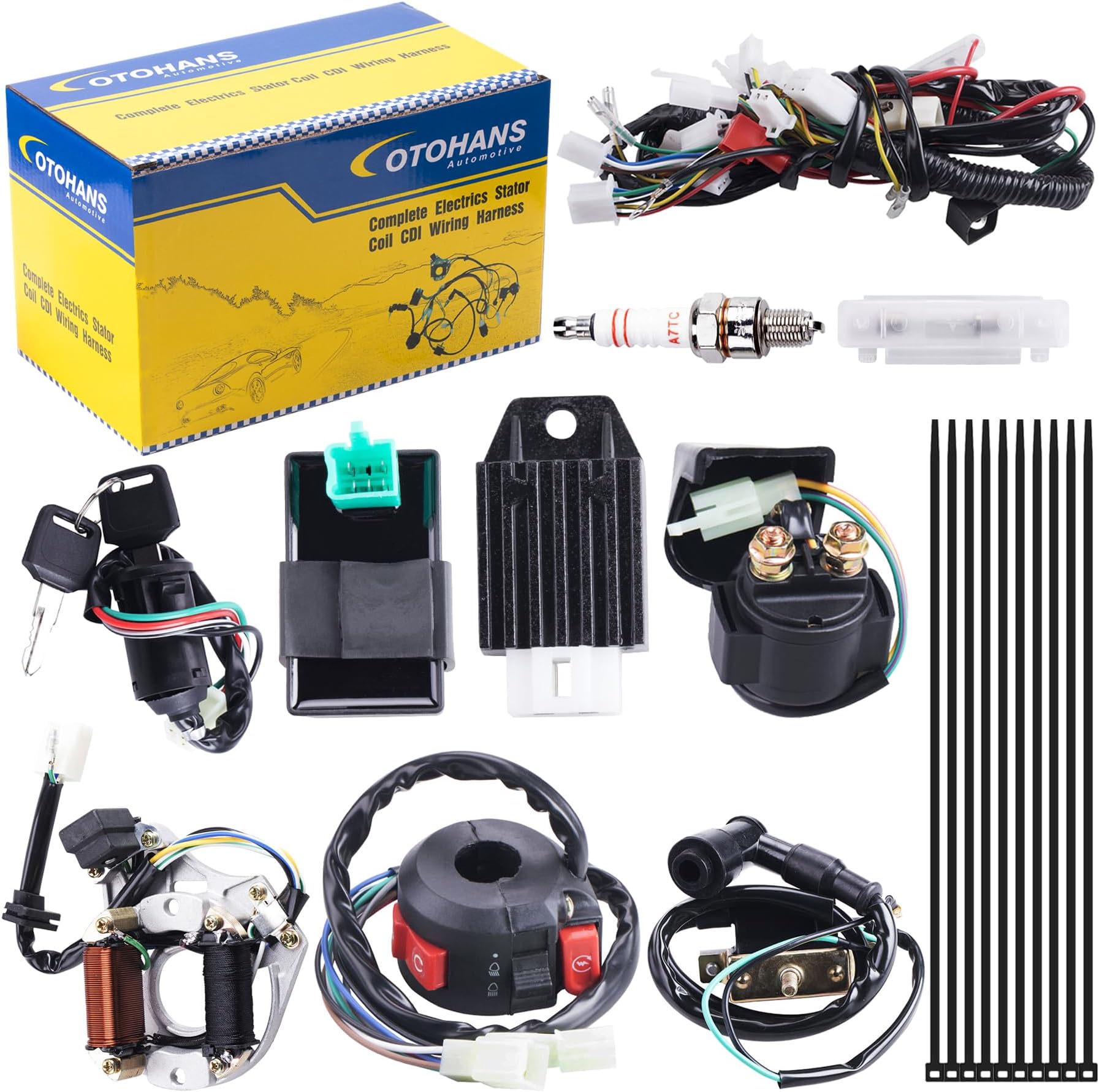Complete Electrics Wiring Harness Relay Stator Coil CDI Solenoid Spark Plug for 4 Wheelers Stroke ATV （50cc 70cc 110cc 125cc） Pit Quad Dirt Bike Go Kart taotao by OTOHANS AUTOMOTIVE