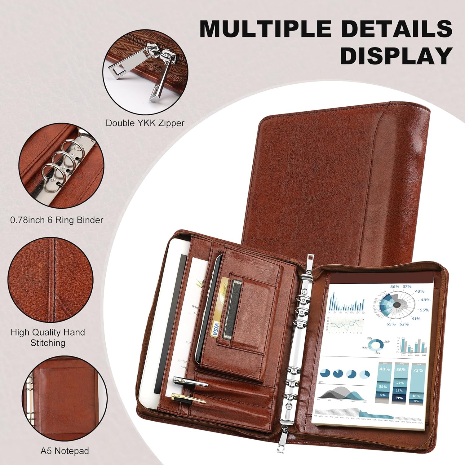 KISSKI.H Olvido A5 Planner Binder Padfolio for Men, Small Business Zippered Portfolio Organizer, 6 Ring Folder Folio Cover with 1pc A5 Notepad, Tablet for iPad mini/iPad Air 2, Handmade Gifts, Brown