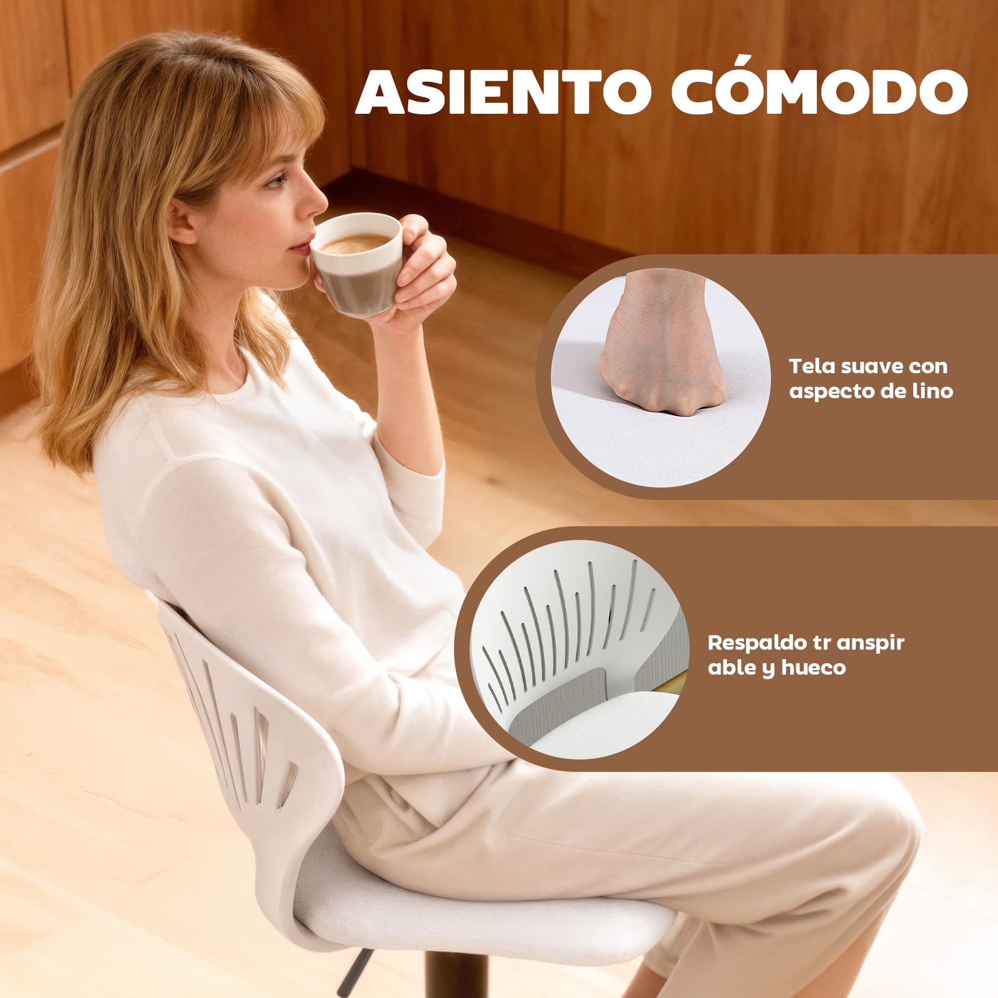 HOMCOM Juego de 2 Taburetes Altos de Cocina Giratorios en 360°, Taburetes de Bar Regulables en Altura de 84-105 cm, Respaldo Hueco, Reposapiés, para Comedor, Mostrador, Blanco