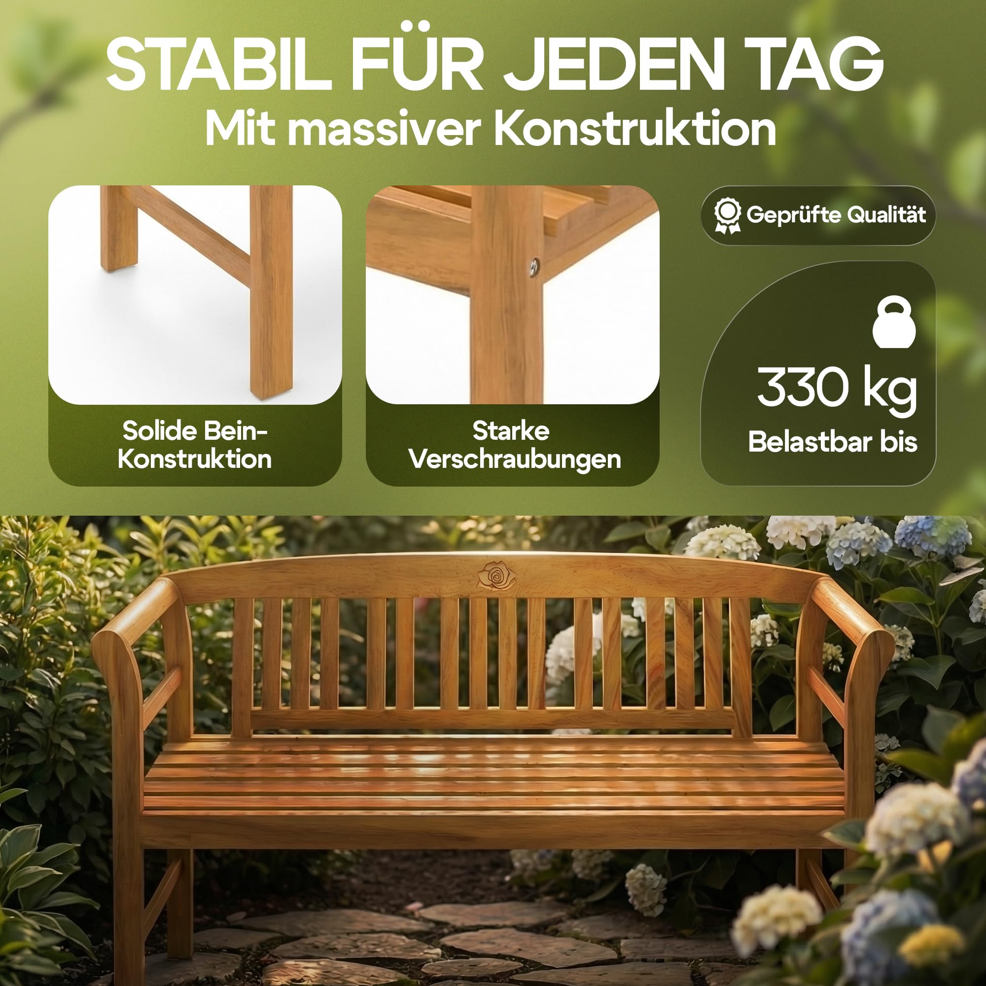 Casaria® Gartenbank FSC®-Zertifiziert Wetterfest | 158x43cm, Holz, 480kg Belastbarkeit, 3-Sitzer, Armlehne, Rückenlehne, Garten, Balkon, Eukalyptus, braun