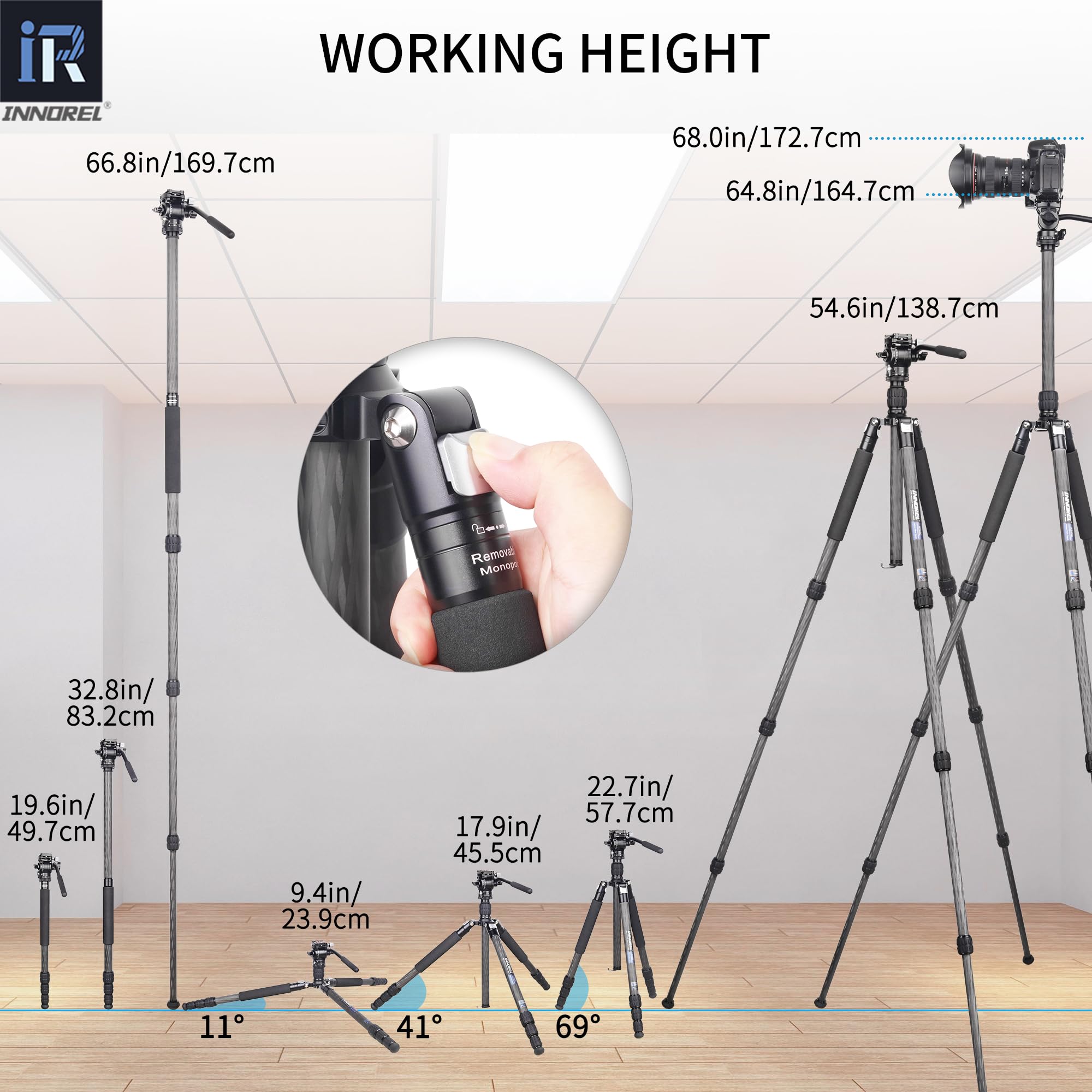 INNOREL RT45C+F10 - Trípode portátil de fibra de carbono de 10 capas profesional, compacto, ligero, trípode para cámara réflex digital, videocámara con mini cabezal de video fluido de amortiguación
