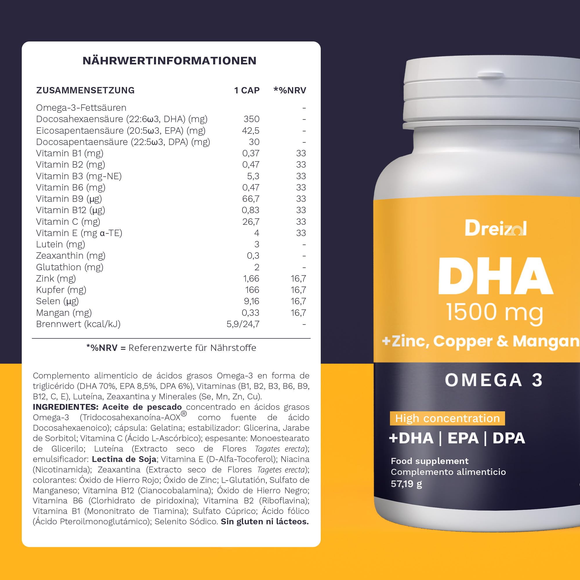 Omega 3 DHA 1500 mit EPA und DPA + Magnesium, Zink und Kupfer - Hohe Konzentration - Unterstützt Augengewebe, Netzhaut sowie Herz- und Gehirngesundheit - Glutenfrei - GMO-frei - 60 Kapseln