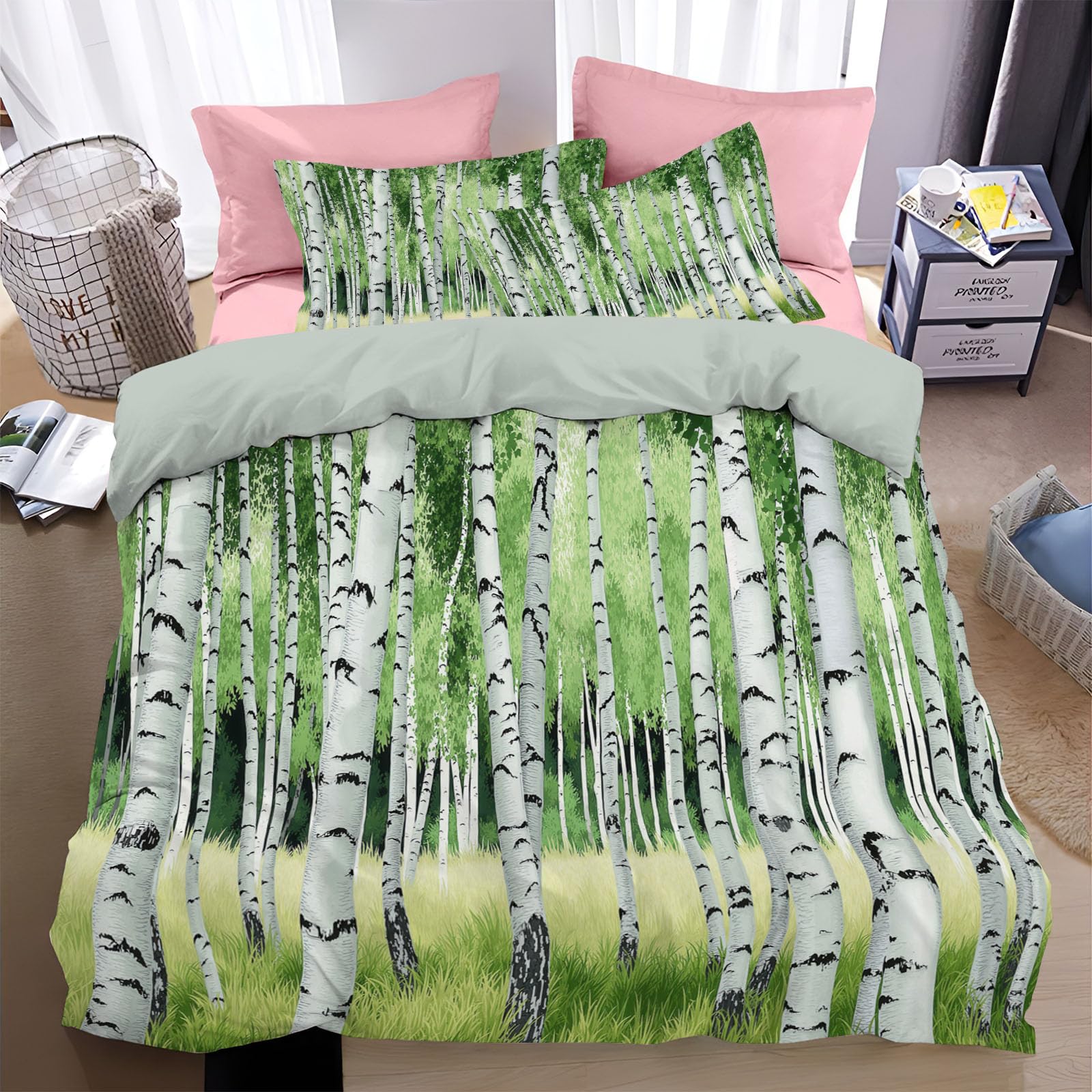Housse de couette 140x200 imprimé paysage de forêt et sa taie zippée haut de gamme