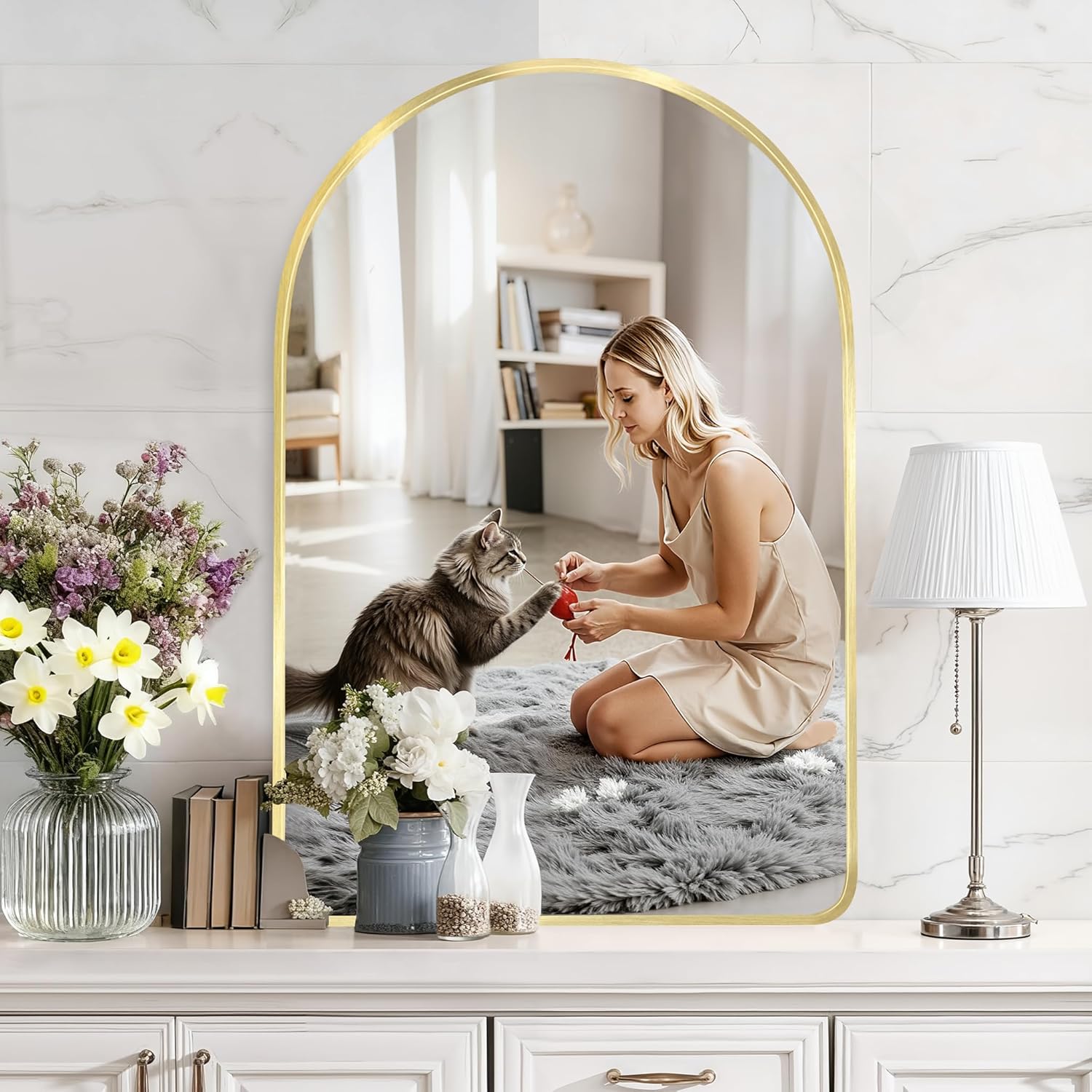 24x36 Wall Mirror for Bathroom Vanity Modern Frosted Metal Framed Arch Mirror Wall Mounted for Bedroom Living Room