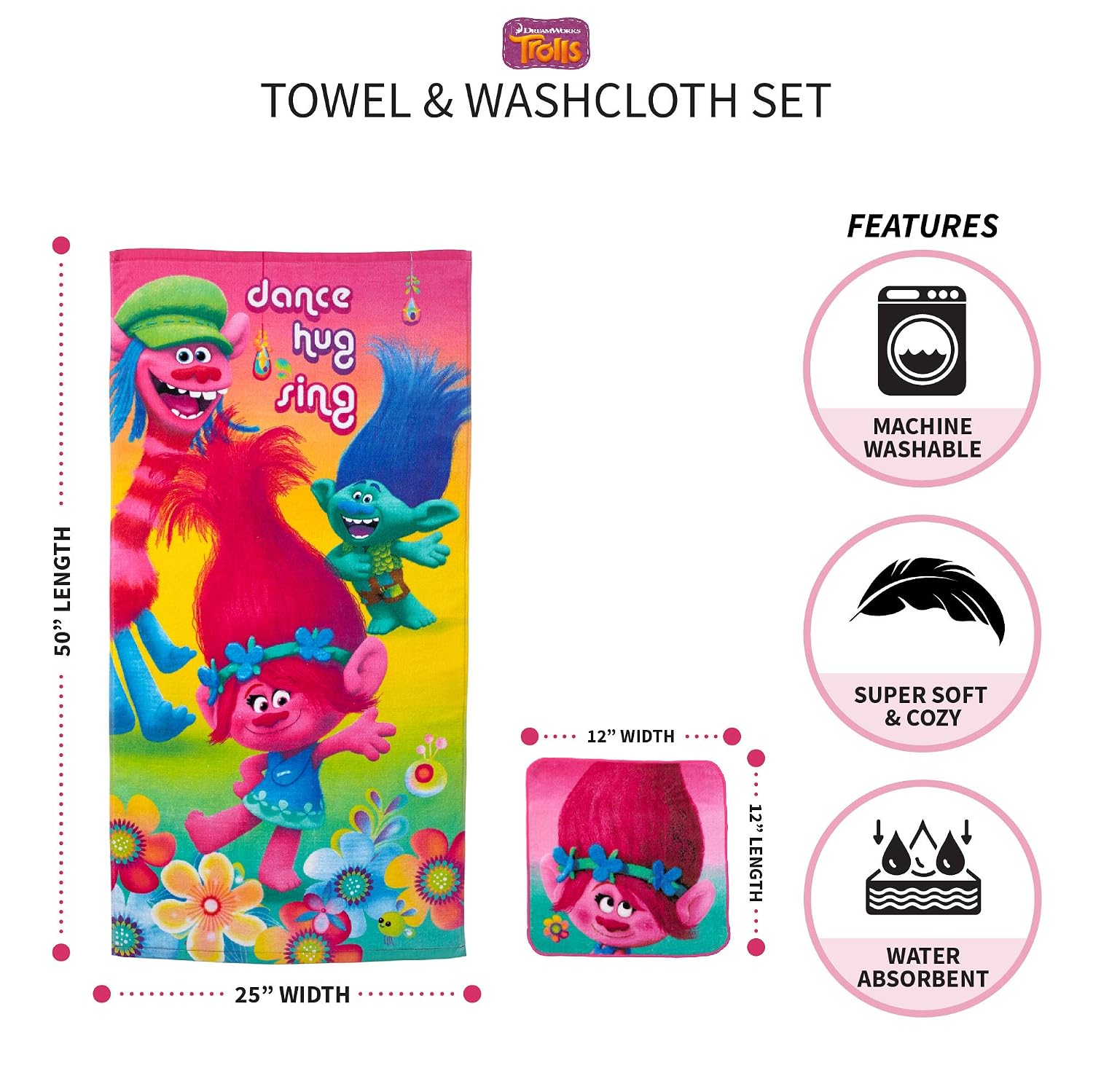 DreamWorks Trolls Kids Bath/Pool/Beach Soft Absorbent Cotton Terry Towel with Washcloth 2 Piece Set, 50 in x 25 in