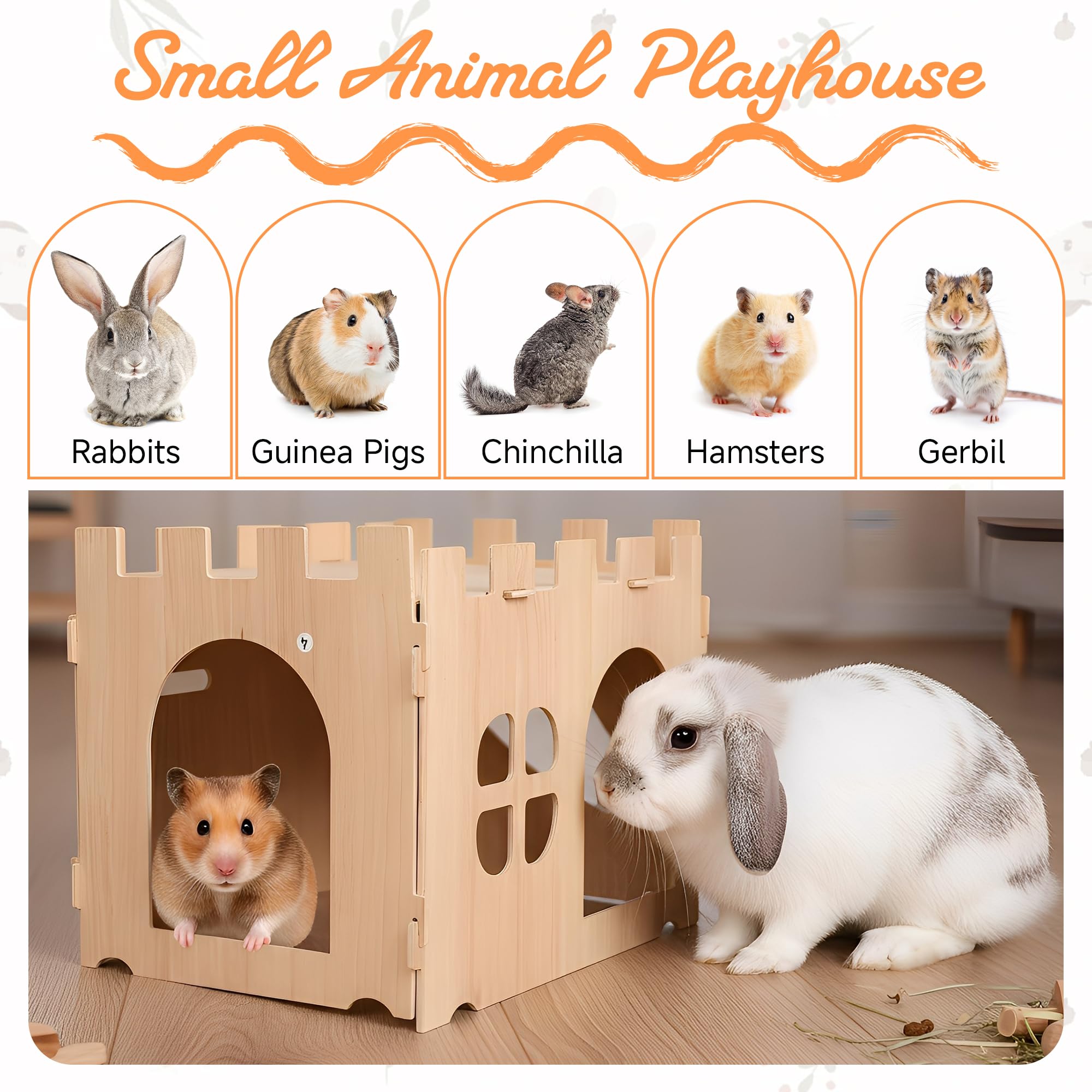 Wooden Rabbit House 40x30x30cm, Large Bunny Castle Detachable Rabbits Hideaway Playhouse - Image 3