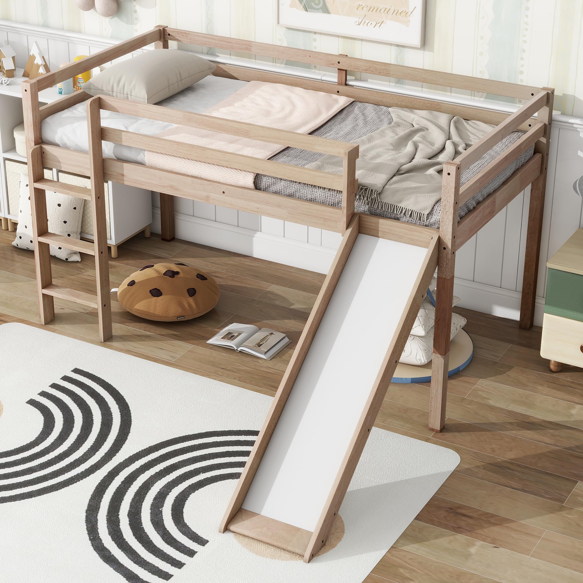 SmartEdge Twin Low Loft Bed with Slide, Wood Twin Loft Bed Frame with Climbing Ladder, Safety Guardrails, Storage Space, Toddler Bed Floor Frame for Boys & Girls, No Box Spring Needed, White Oak