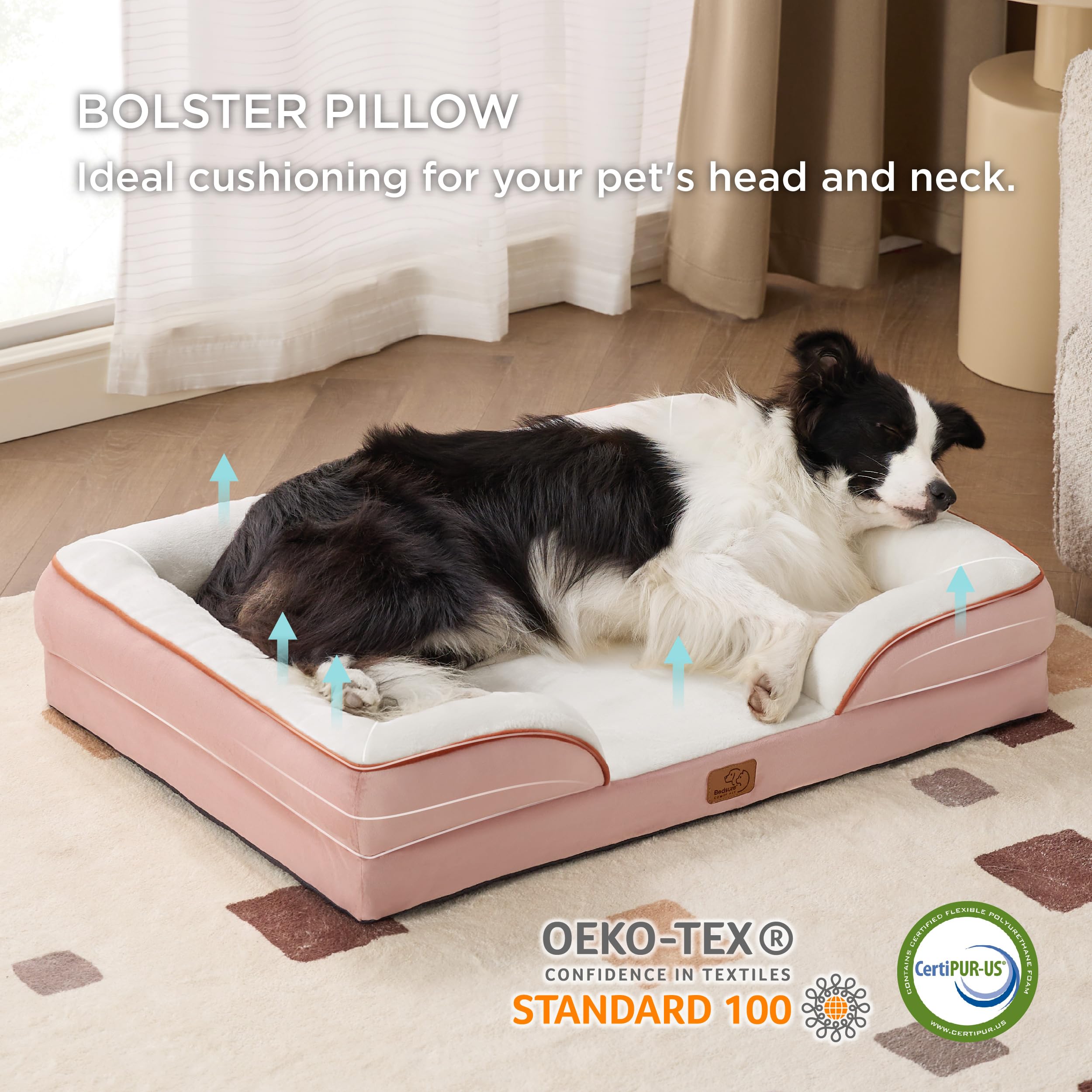 Bedsure Letto per Cani Grande 89x63x16.5cm - Divano per Cani Taglia Gande in Uovo Foam, Colore Rosa, Cuscino per Cani Sfoderabile e Lavabile
