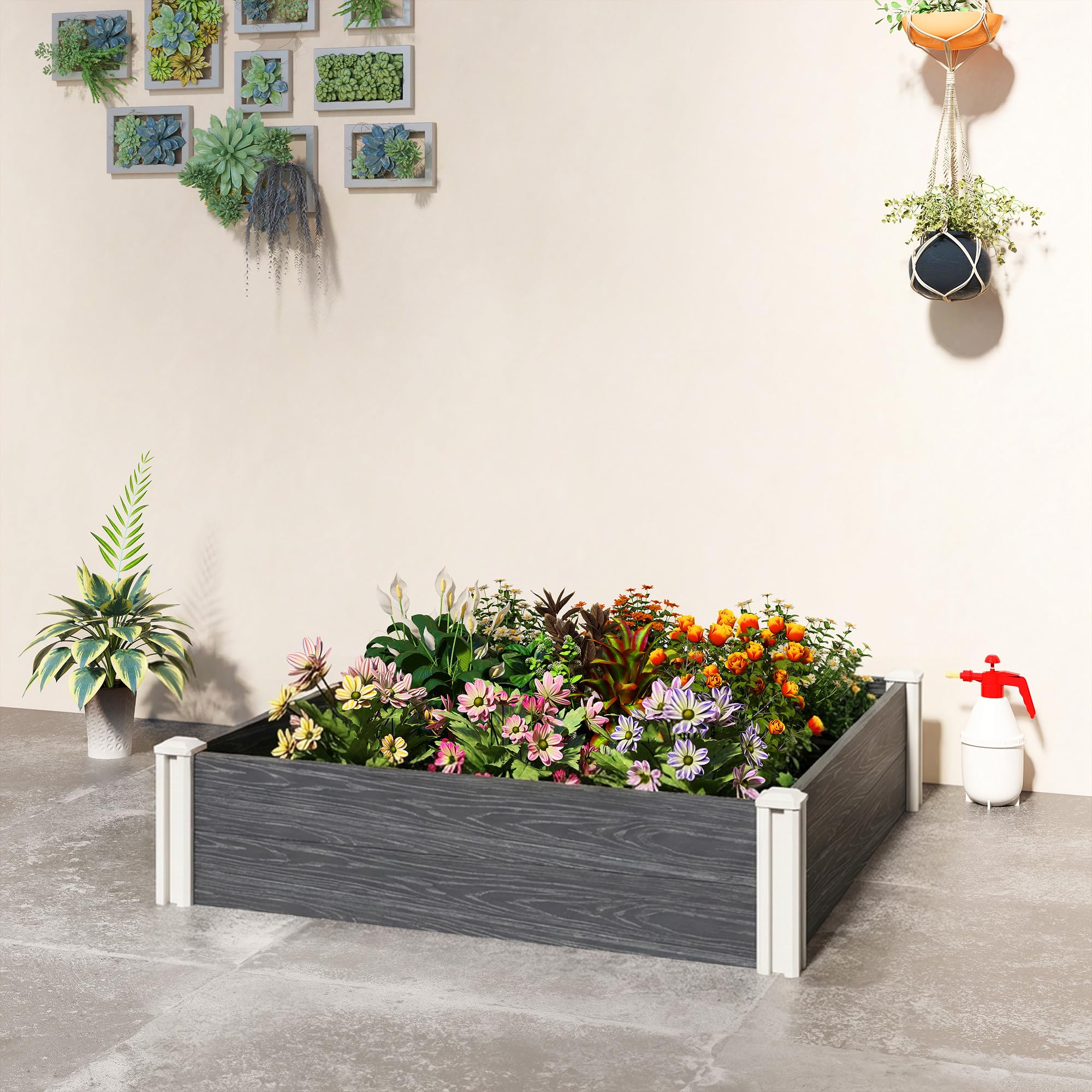 Outsunny Letto Rialzato da Giardino in Vinile, 102x102x33 cm, Kit Modulare con Gambe ad Incastro e Fondo Aperto, Fioriera Orto Rialzato da Esterno per Fiori, Erbe e Verdure, Grigio Scuro