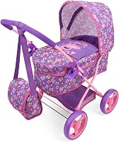 Peppa Pig Deluxe Doll Pram & Bag - Purple Pink Flowers, Fits 18" Dolls, Foldable Stroller with Canopy & Basket for Kids 3+