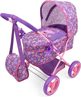 Peppa Pig Deluxe Doll Pram & Bag - Purple Pink Flowers, Fits 18" Dolls, Foldable Stroller with Canopy & Basket for Kids 3+