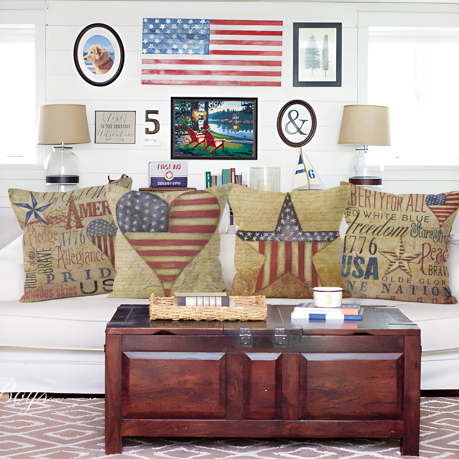 Aoihrraan 20 x 20 Inch Patriotic Cushion Covers Vintage American Flag Retro Usa Farmhouse Style Square Linen Throw Pillow Covers for Living Room Sofa Outdoor Couch 51x51cm Set of 4 Pillowcases - Image 2