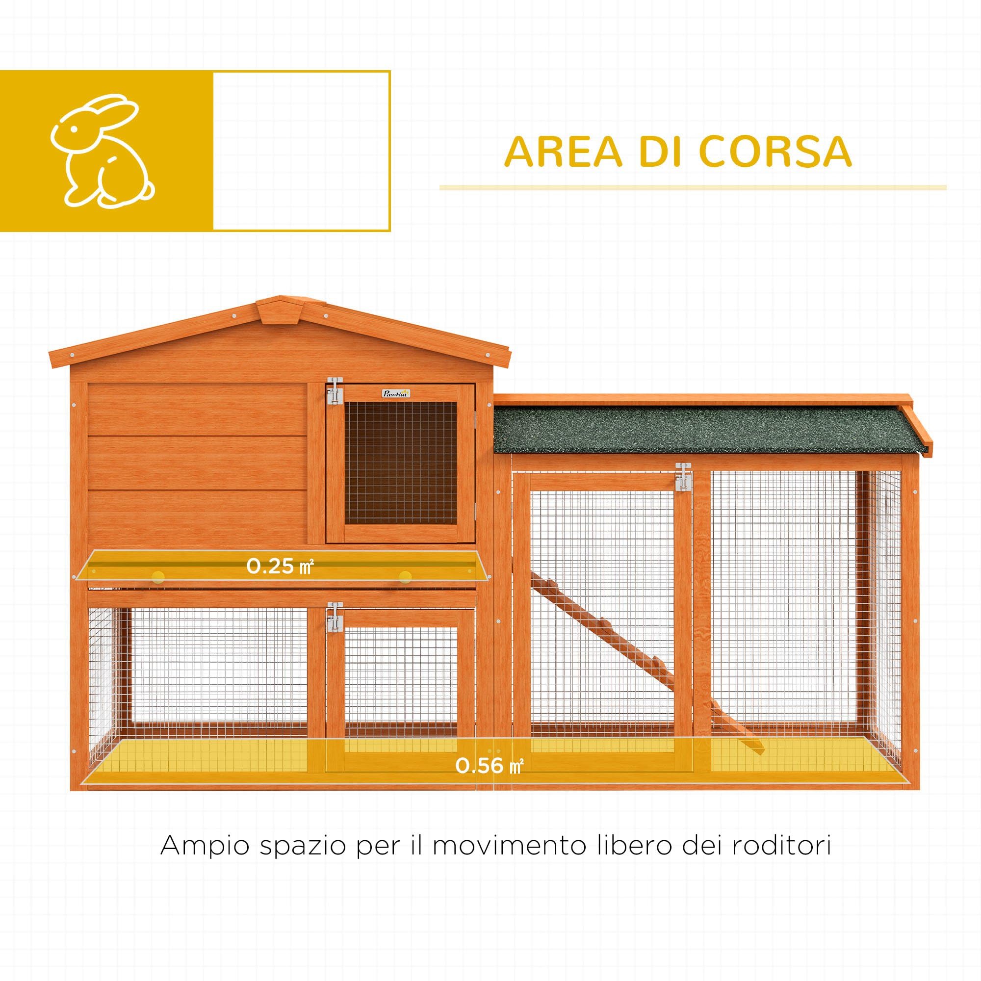 PawHut Conigliera a 2 Piani da Esterno, Gabbia per Animali Domestici in Legno di Abete e Filo di Metallo, 150x45x85 cm, Arancione